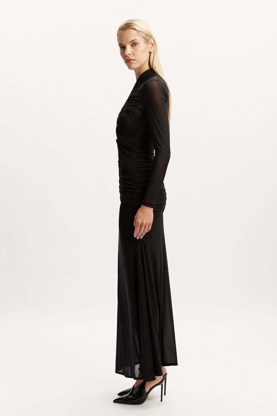MARICE WRAP MESH MAXI DRESS in colour BLACK