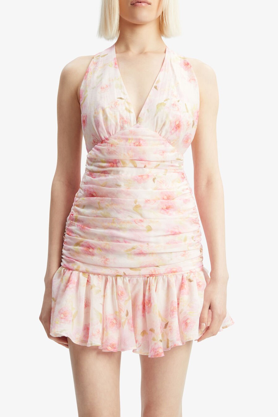 MAVE HALTER NECK MINI DRESS in colour Pink Floral
