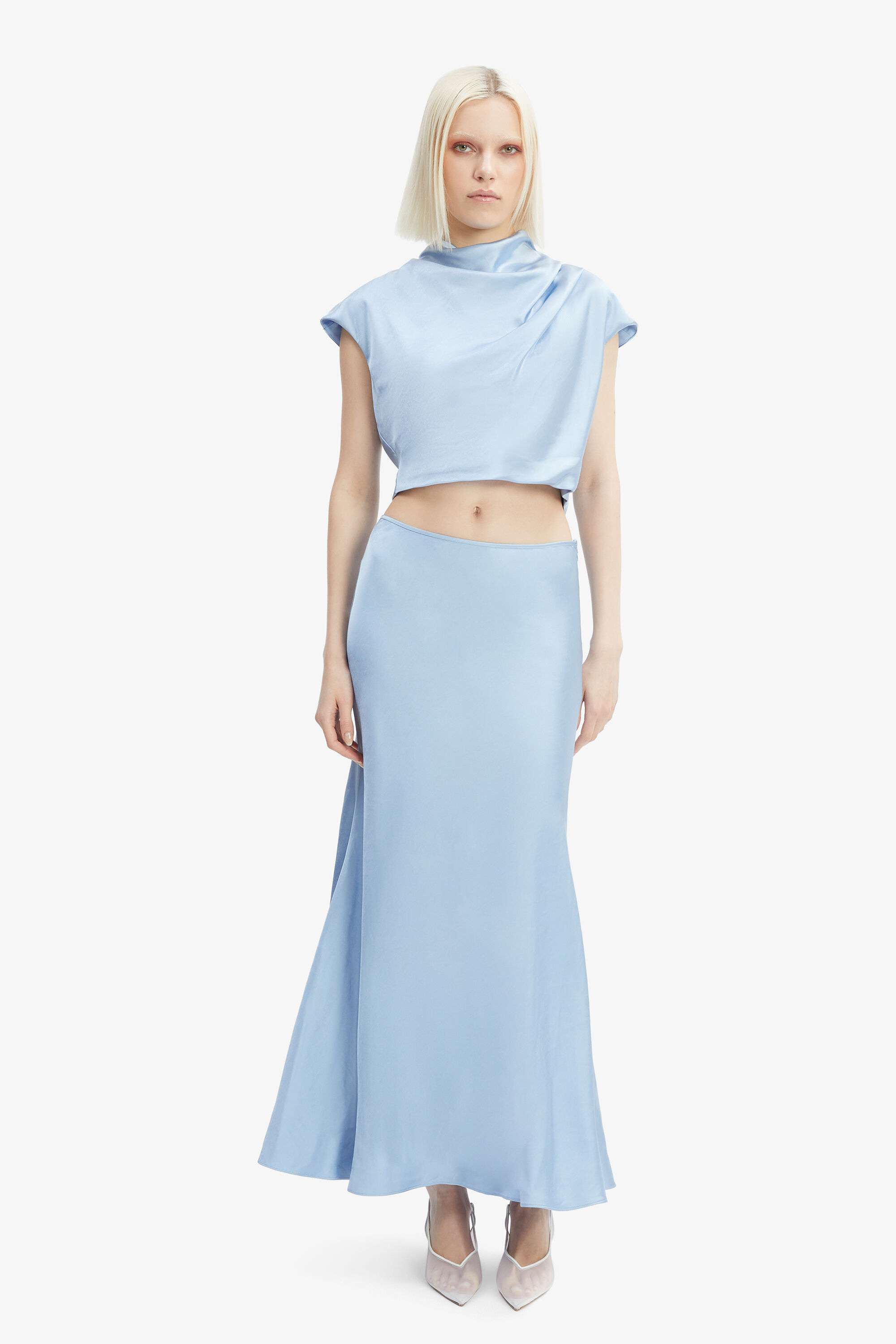 Monroe Satin Maxi Skirt In Soft Blue | Bardot