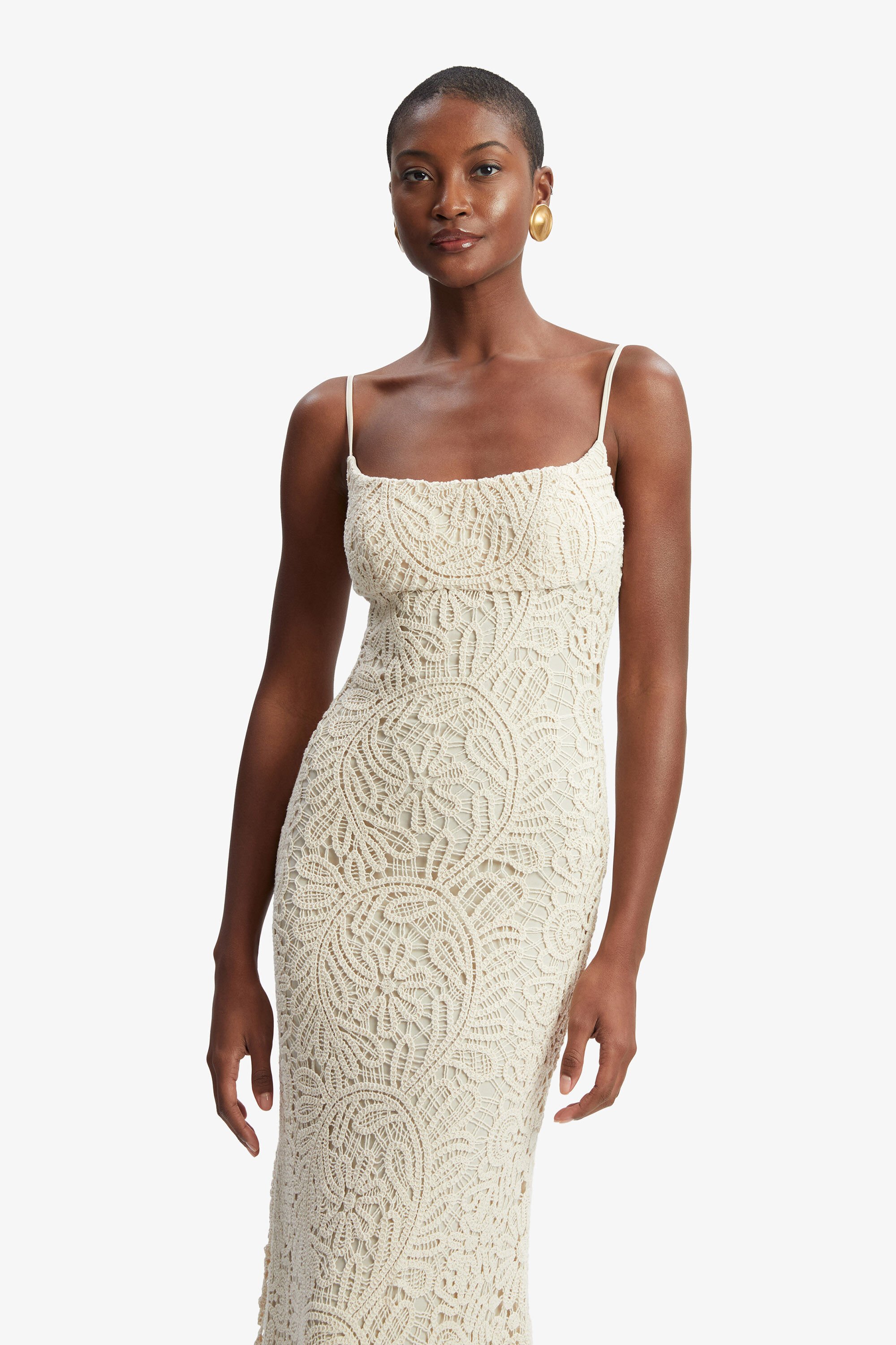 Adoni Crochet Midi Dress In Light Beige | Bardot