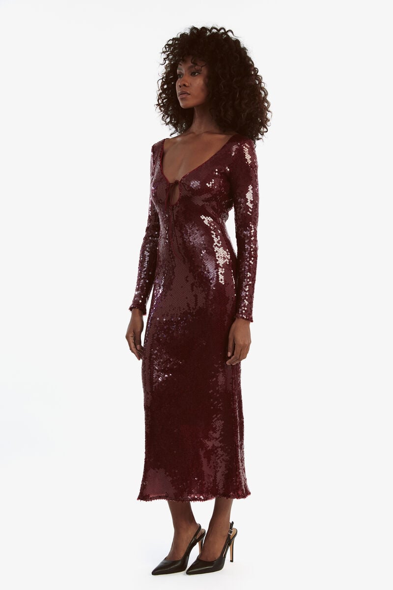 Scallop Sequin Midi Dress Burgundy