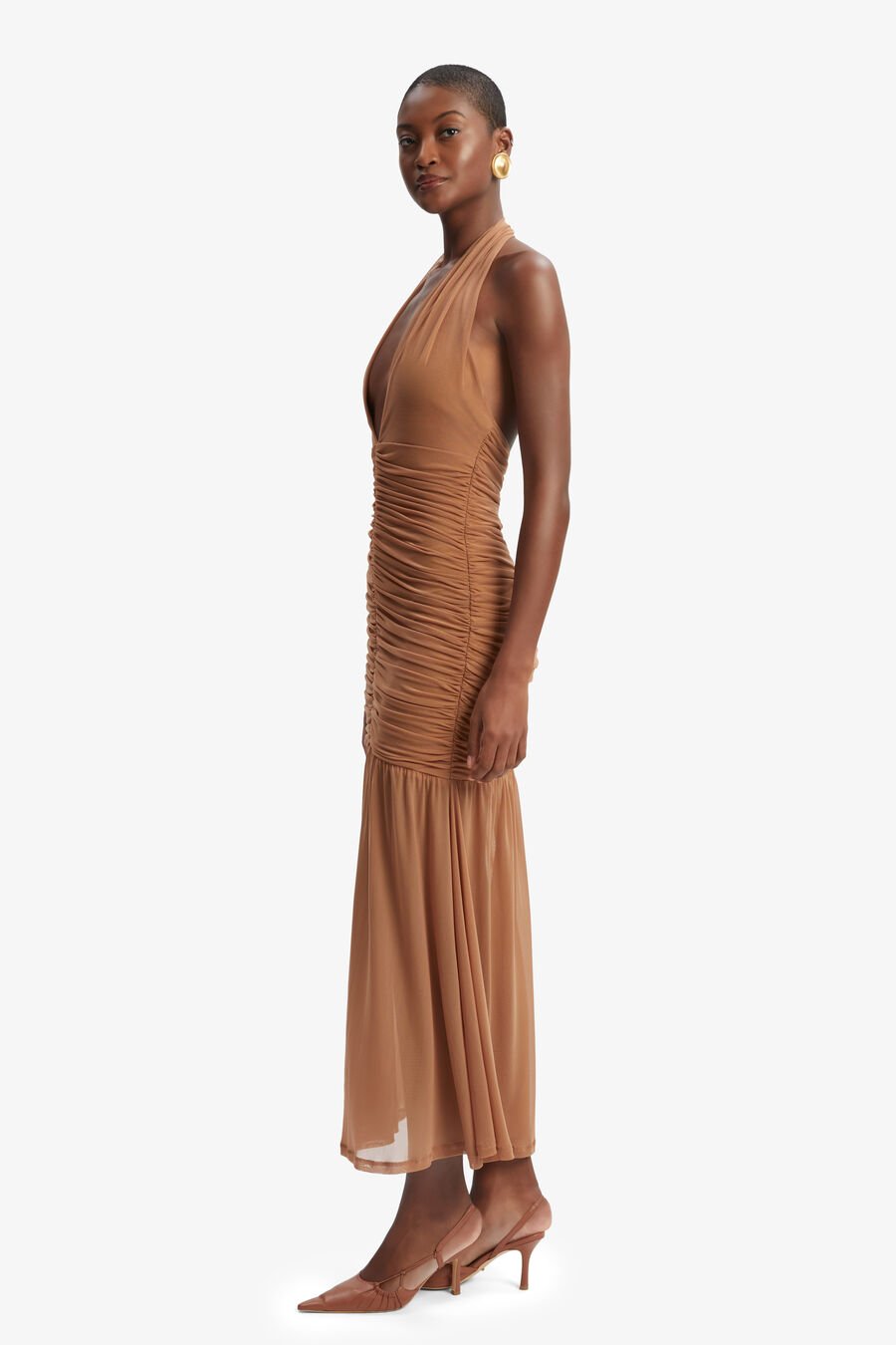 SEPHERA HALTER MESH MIDI DRESS in colour CHESTNUT