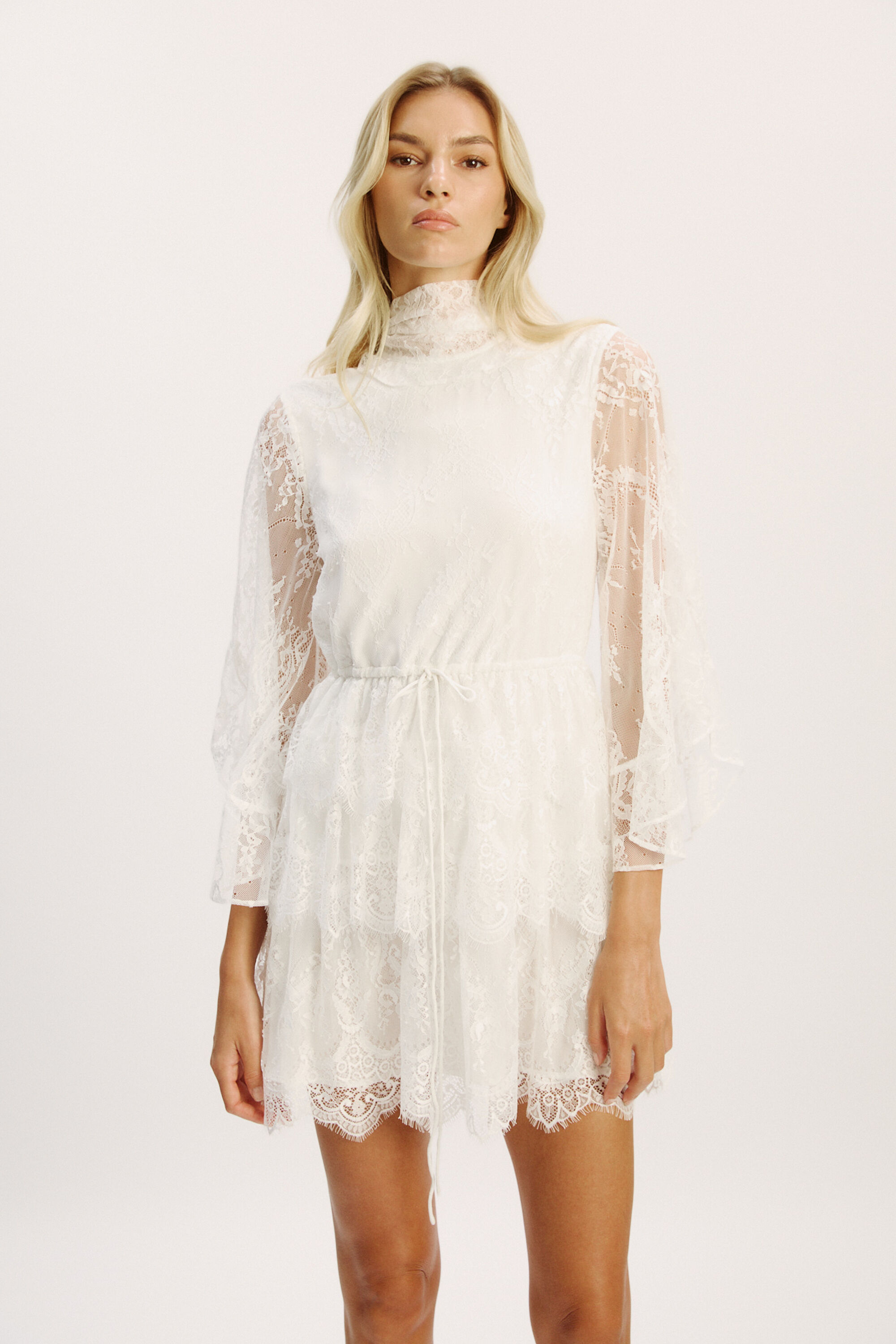Norah Ruffle Lace Mini Dress In Orchid White | Bardot