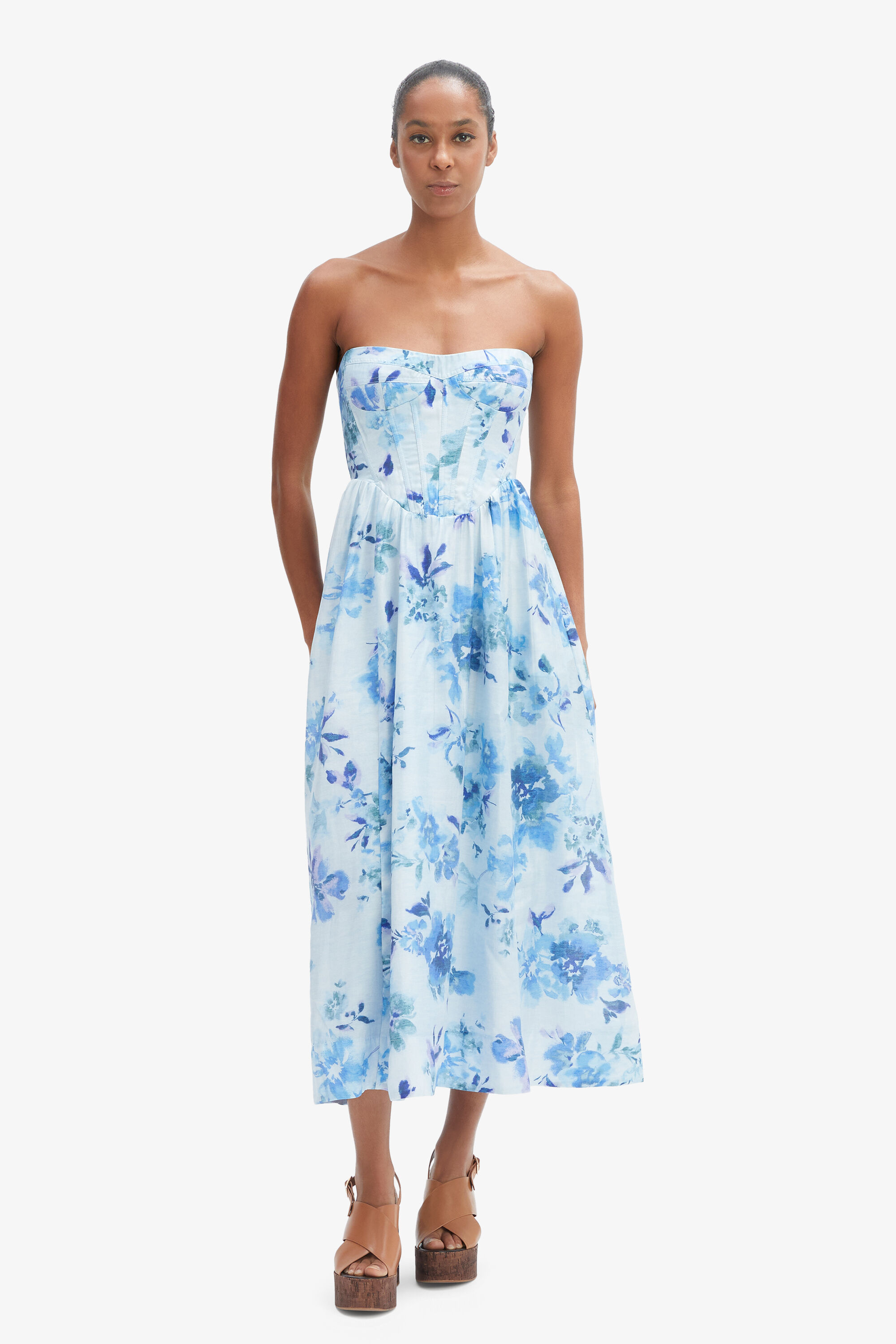 Lola Corset Midi Dress In Baby Blue Floral | Bardot