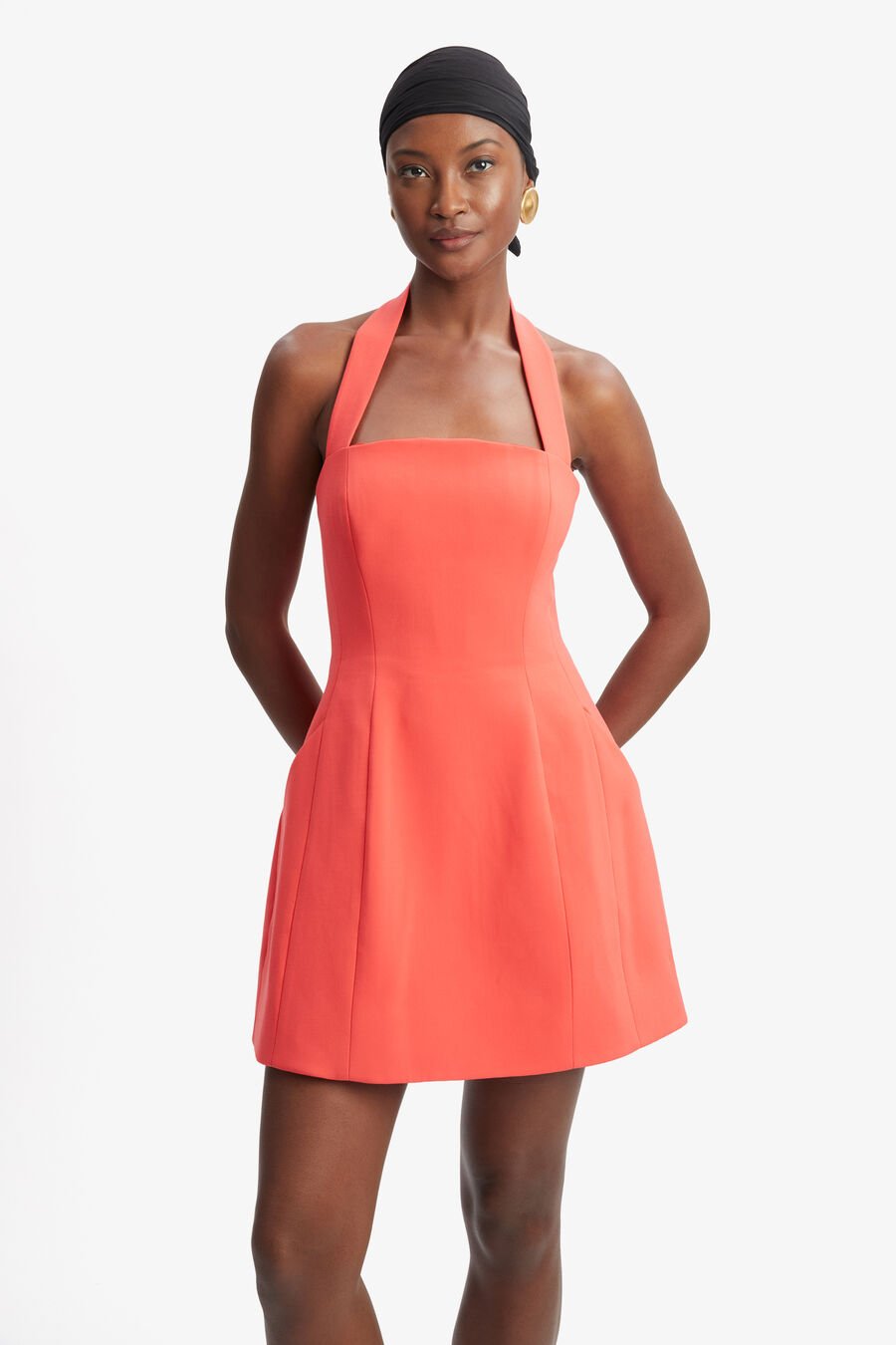 NEVELLE HOURGLASS HALTER DRESS in colour FLAME RED