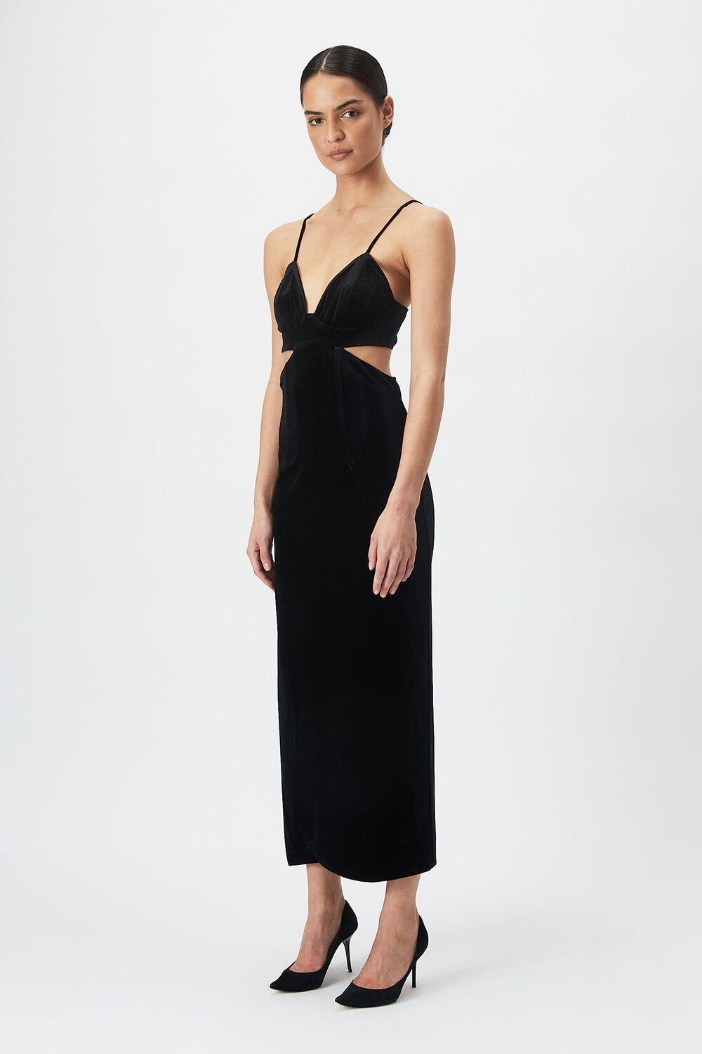VELOUR CUT OUT MIDI DRESS in colour CAVIAR