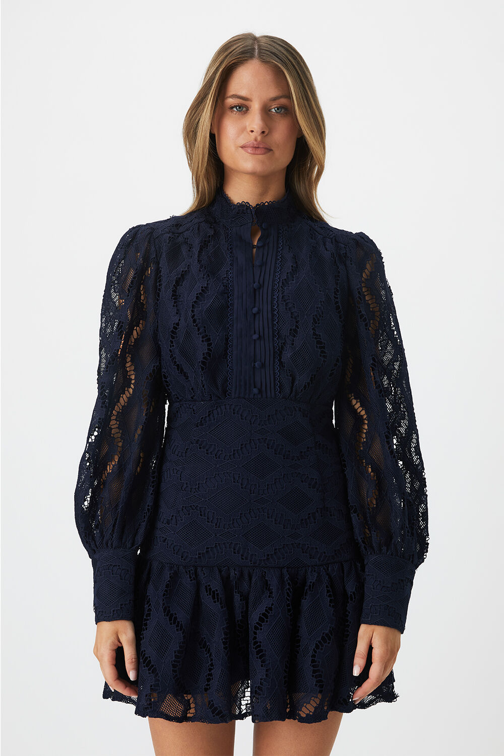 Navy lace bardot dress shop