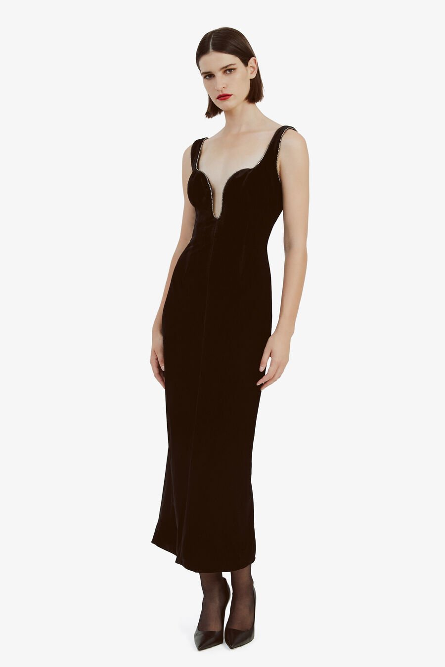 BROOKLYN VELOUR MIDI DRESS in colour BLACK