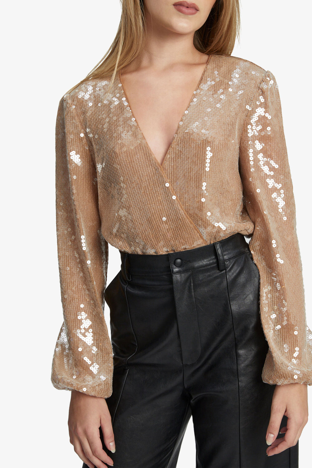 VERONA SEQUIN WRAP BODYSUIT in colour RUGBY TAN