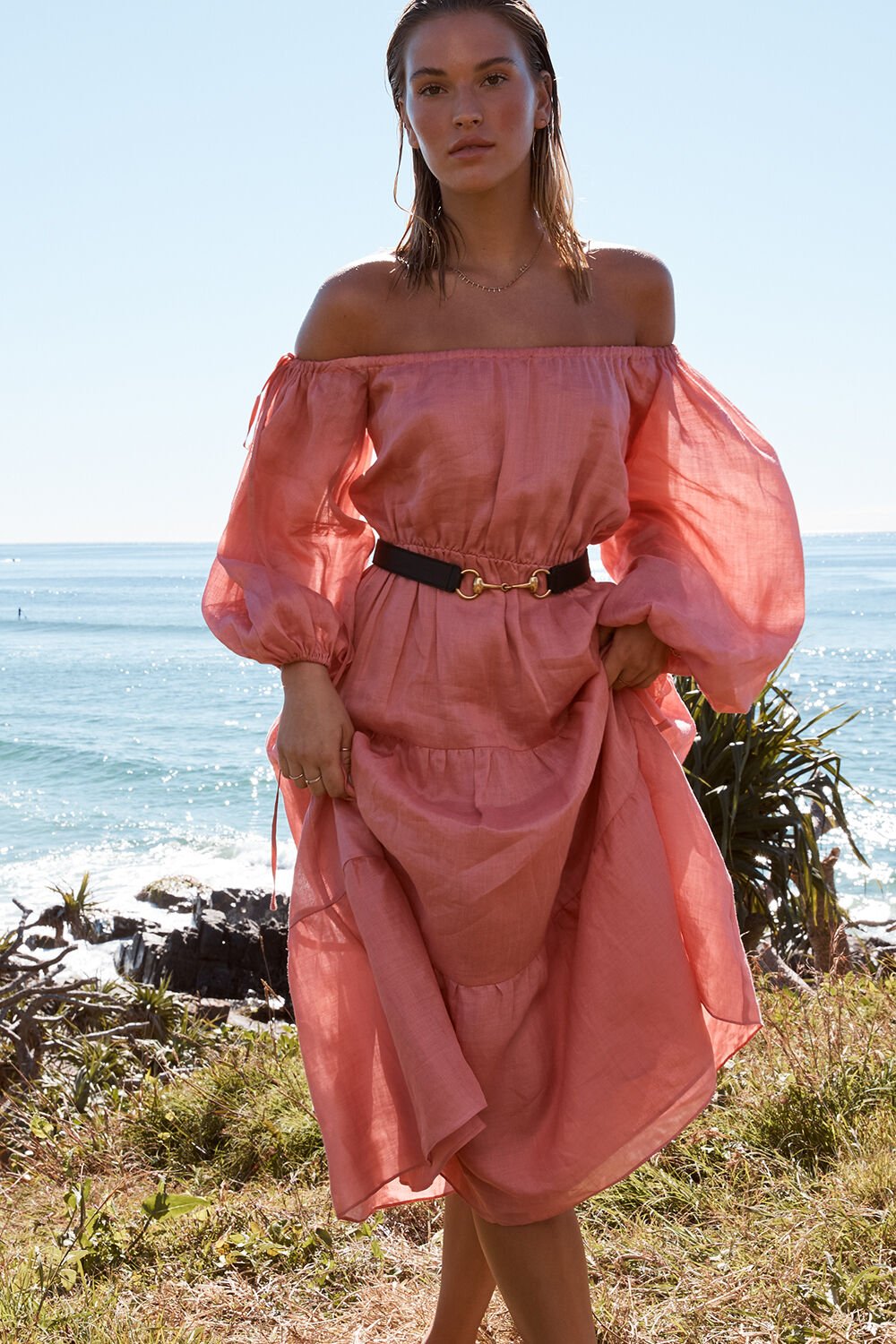 Coral bardot dress store