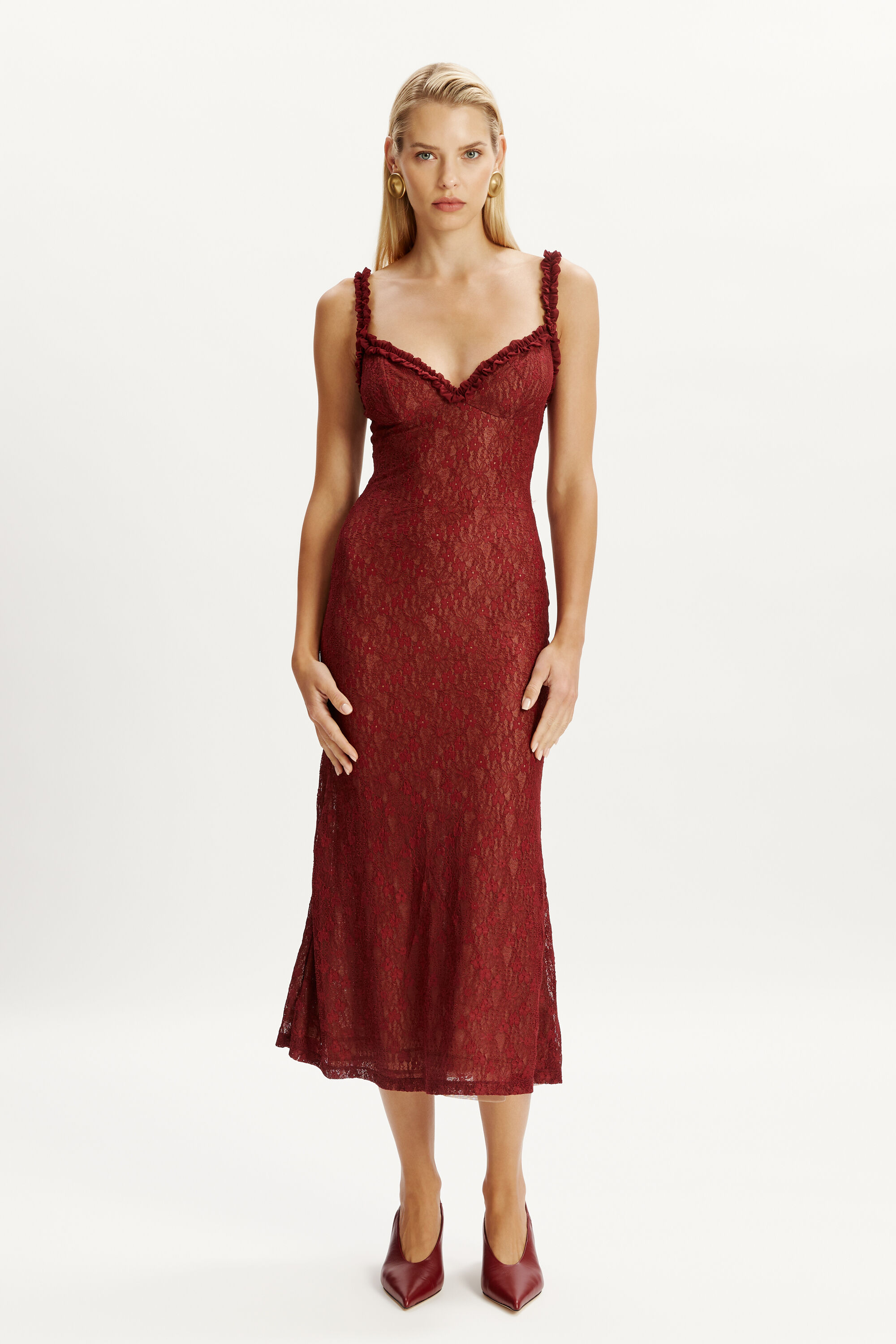 Alegra Stretch Lace Midi Dress In Burgundy | Bardot
