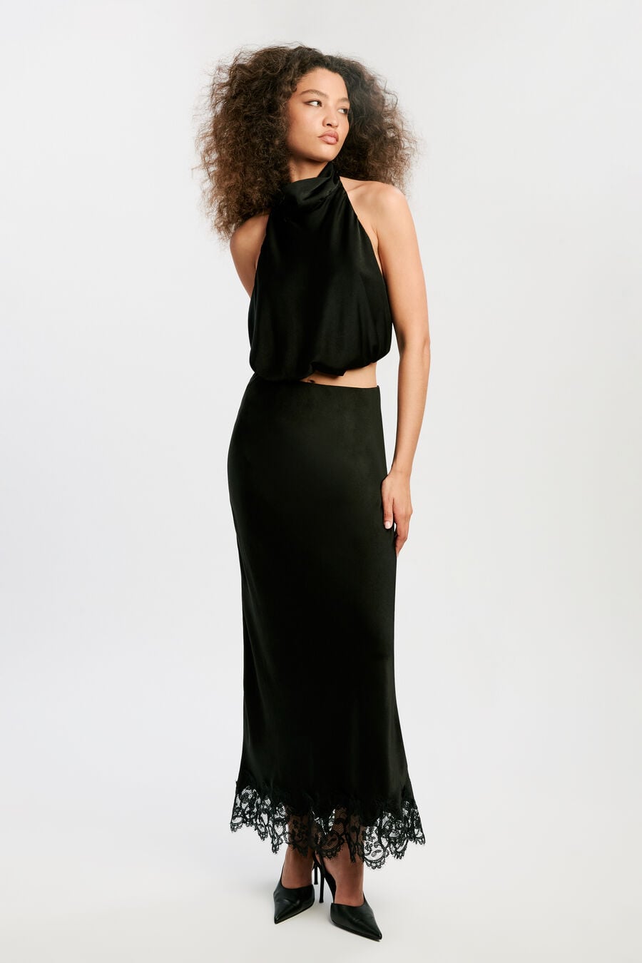 ELISAN LACE SATIN MIDI SKIRT in colour BLACK