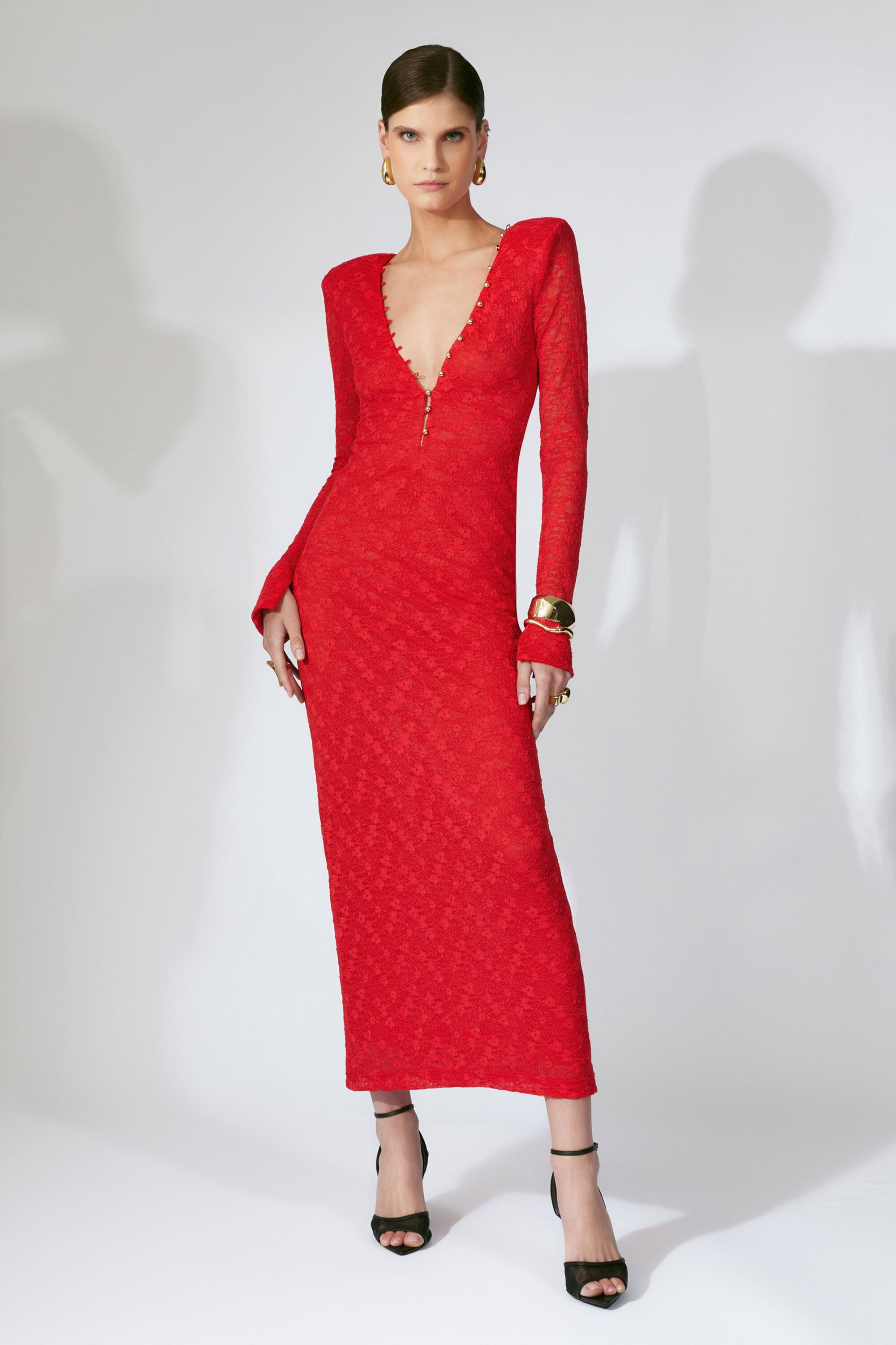 red long sleeve bardot dress Zenia Long Sleeve Midi Dress In Fire Red