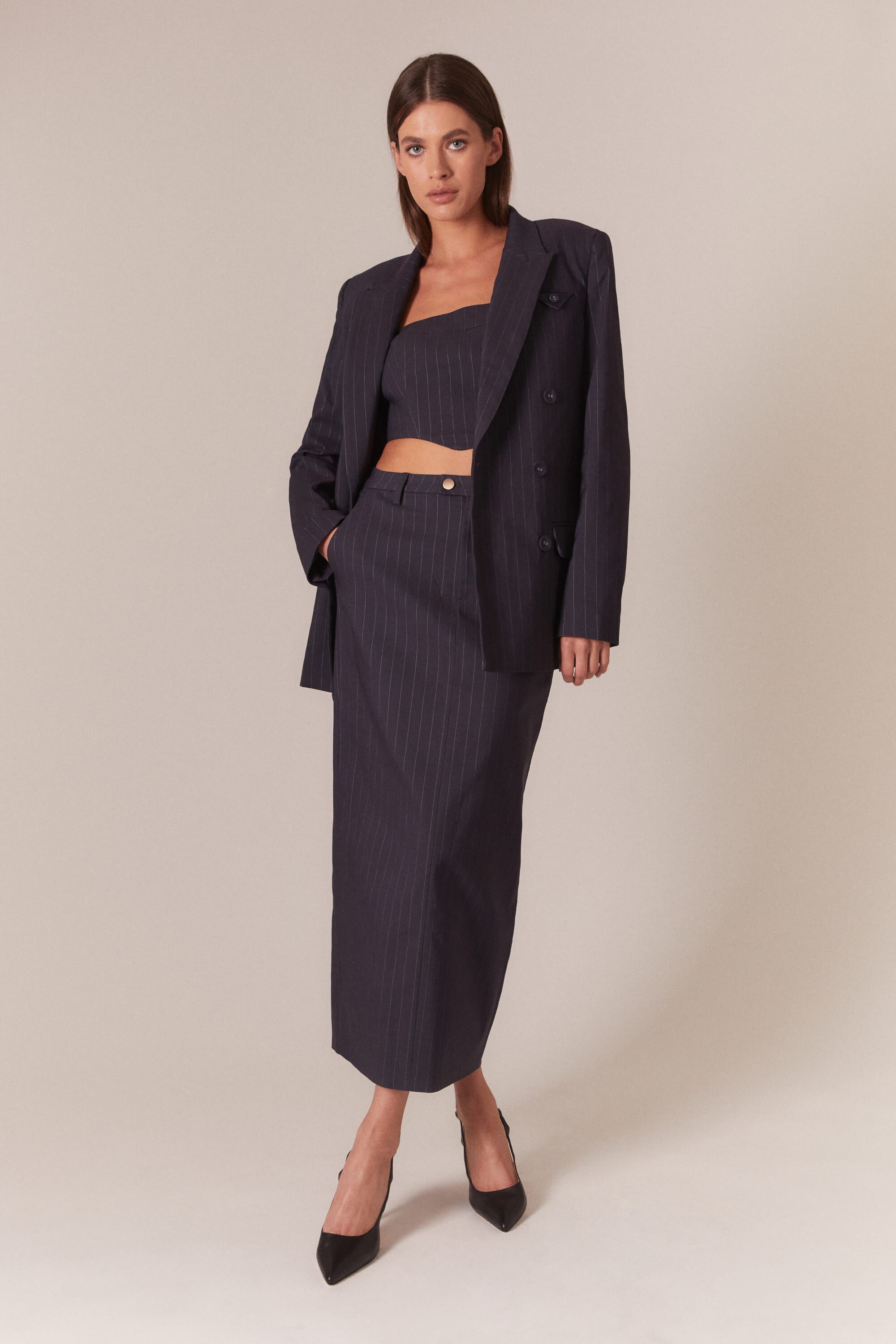 SIAN PIN STRIPE MAXI SKIRT IN NAVY PINSTRIPE