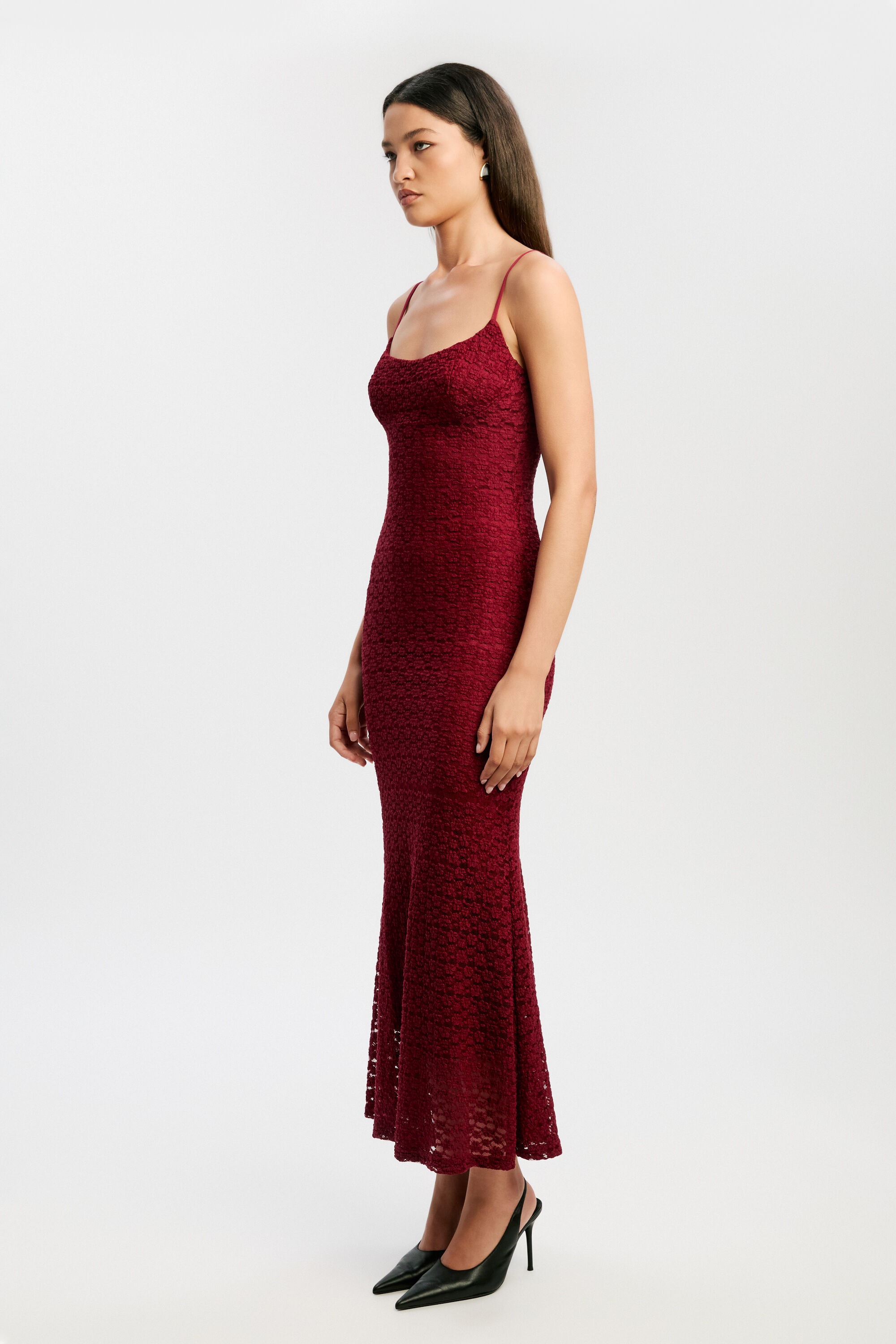 Louisa Mesh Midi Dress In Burgundy | Bardot