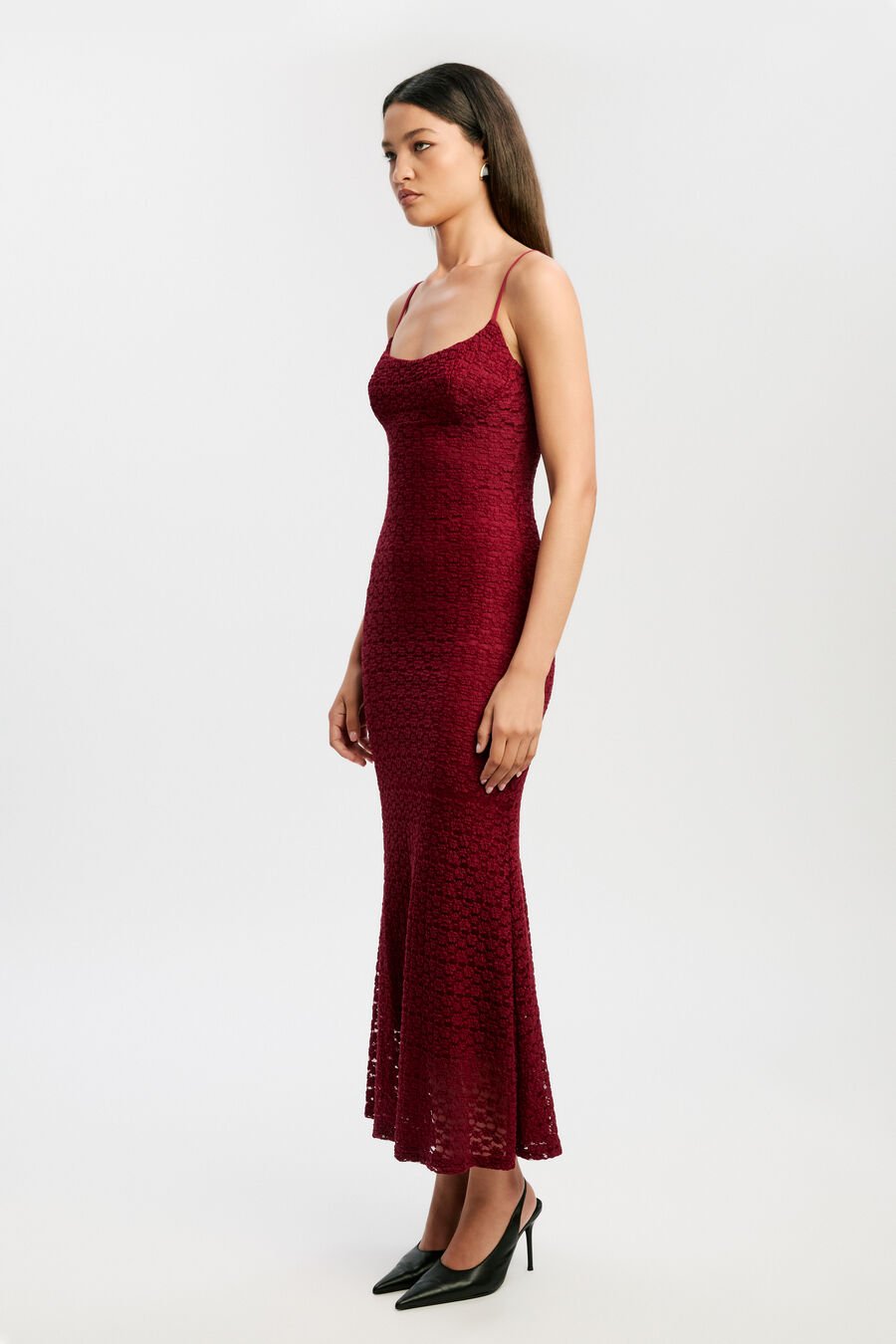 LOUISA MESH MIDI DRESS in colour BURGUNDY
