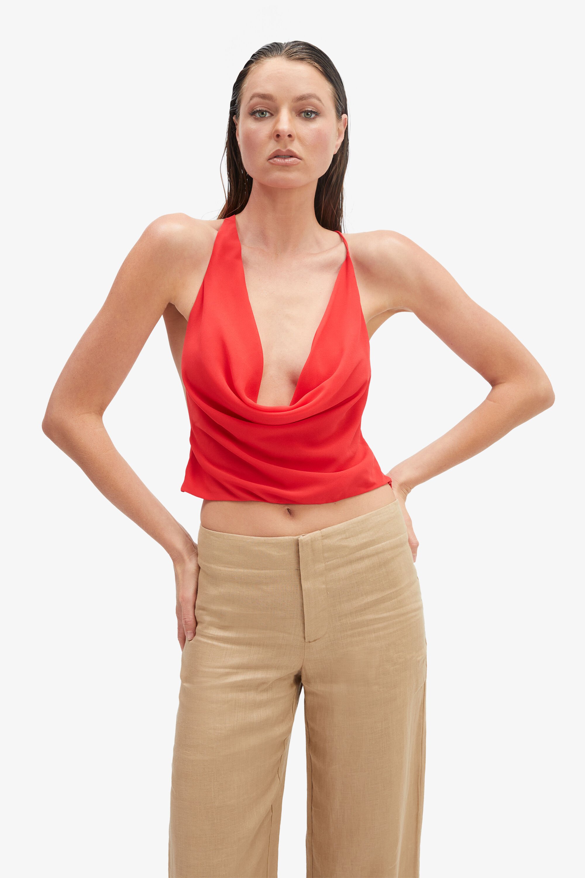 Women's Satin Silk Draped Cowl Neck Ruched Long Sleeve Crop