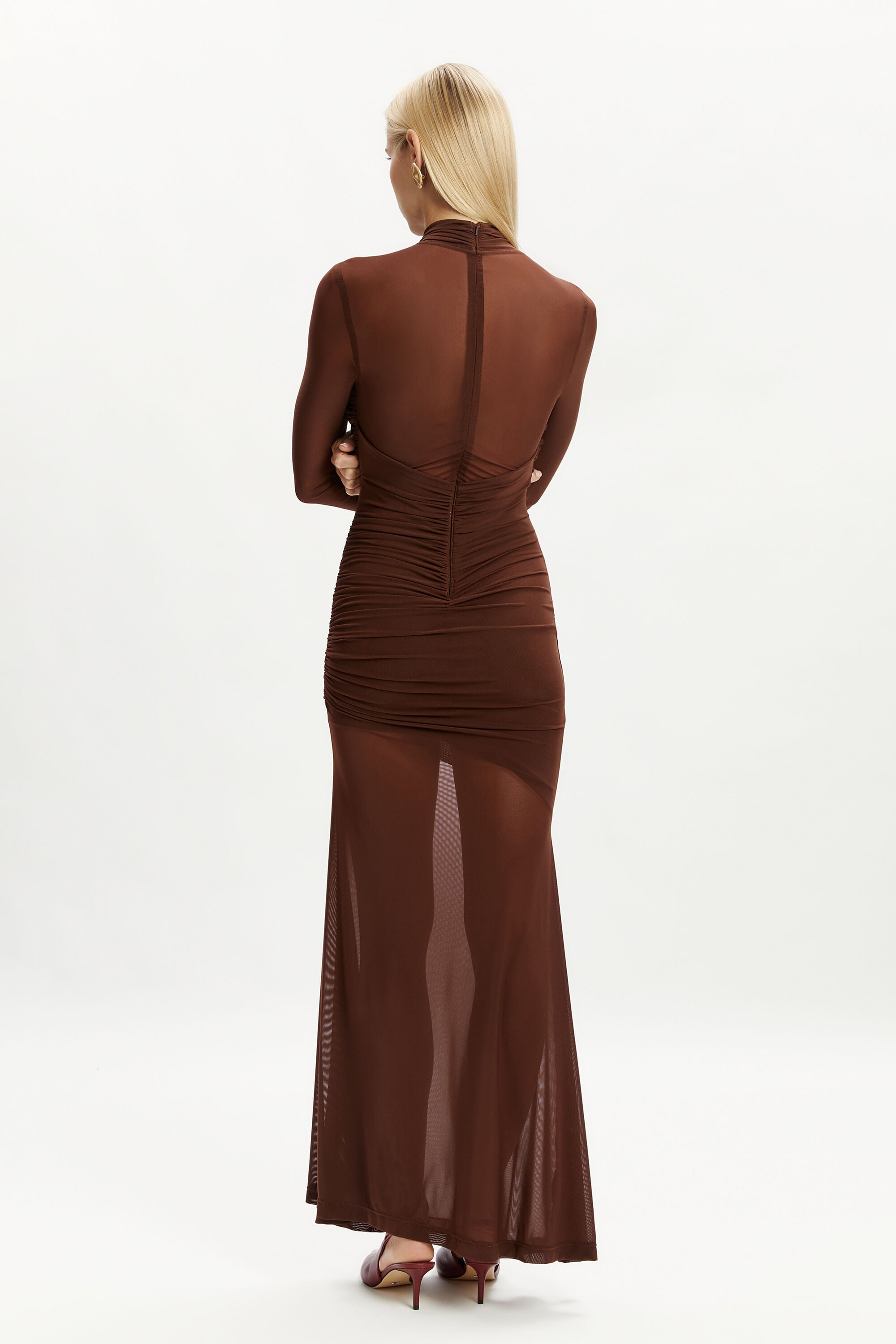Marice Wrap Mesh Maxi Dress In Chocolate | Bardot