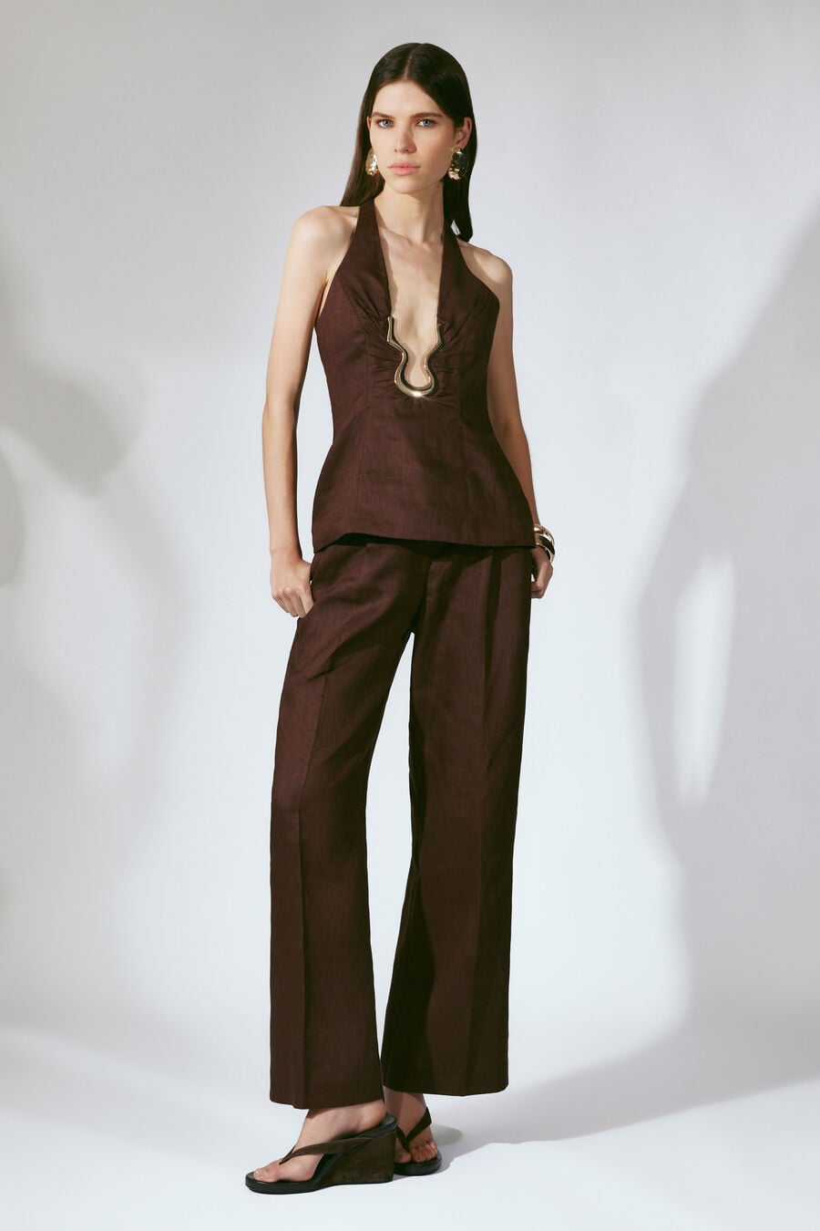 GEORDY HIPSTER LINEN PANT in colour Chocolate