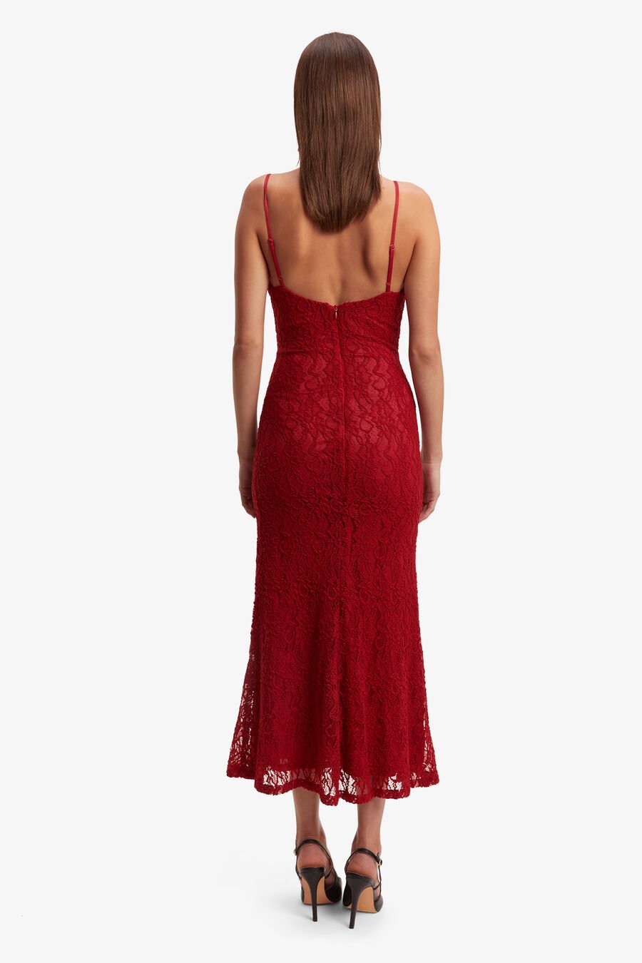 RUBY LACE MIDI DRESS in colour RED