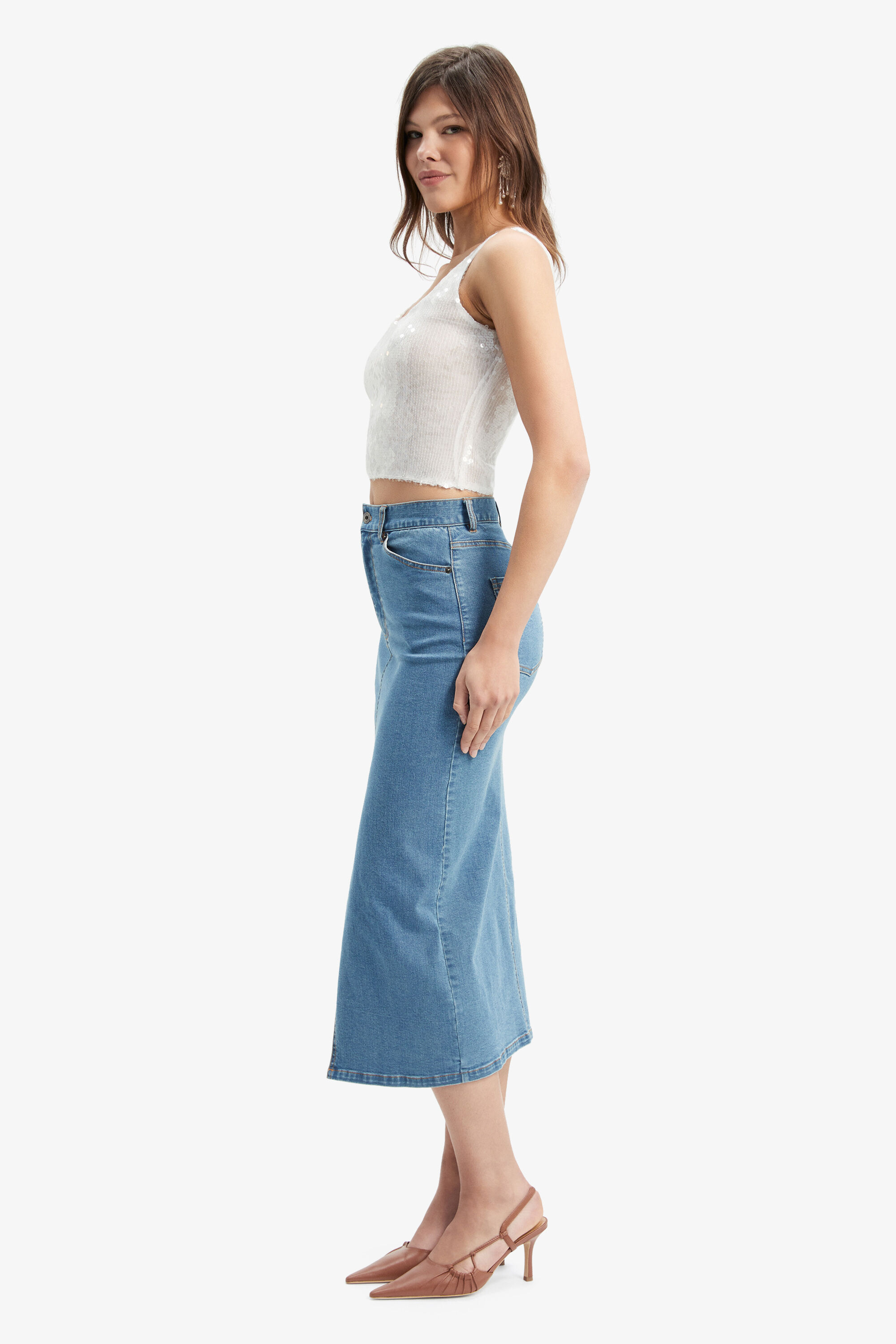 Demi Denim Midi Skirt In Vintage Bardot