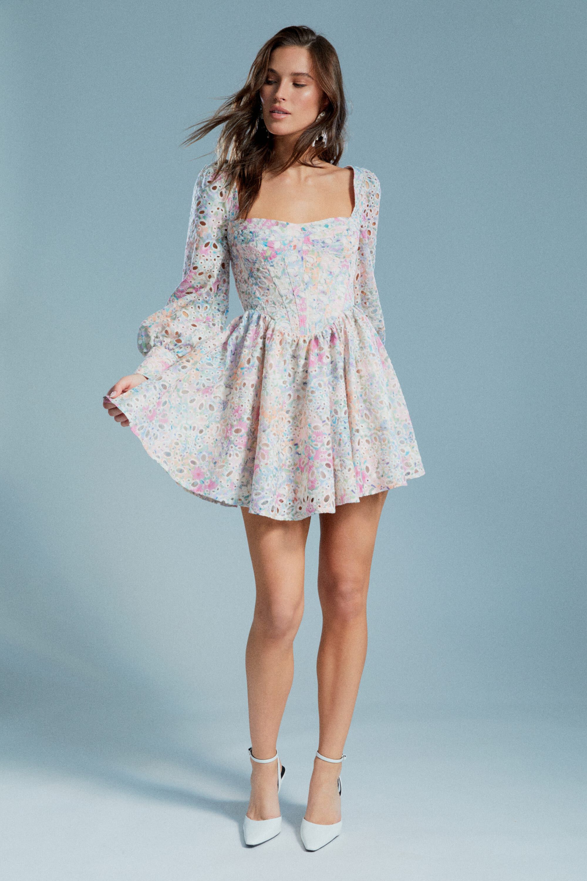 Lila Flounce Broderie Dress In Pastel Floral Bardot