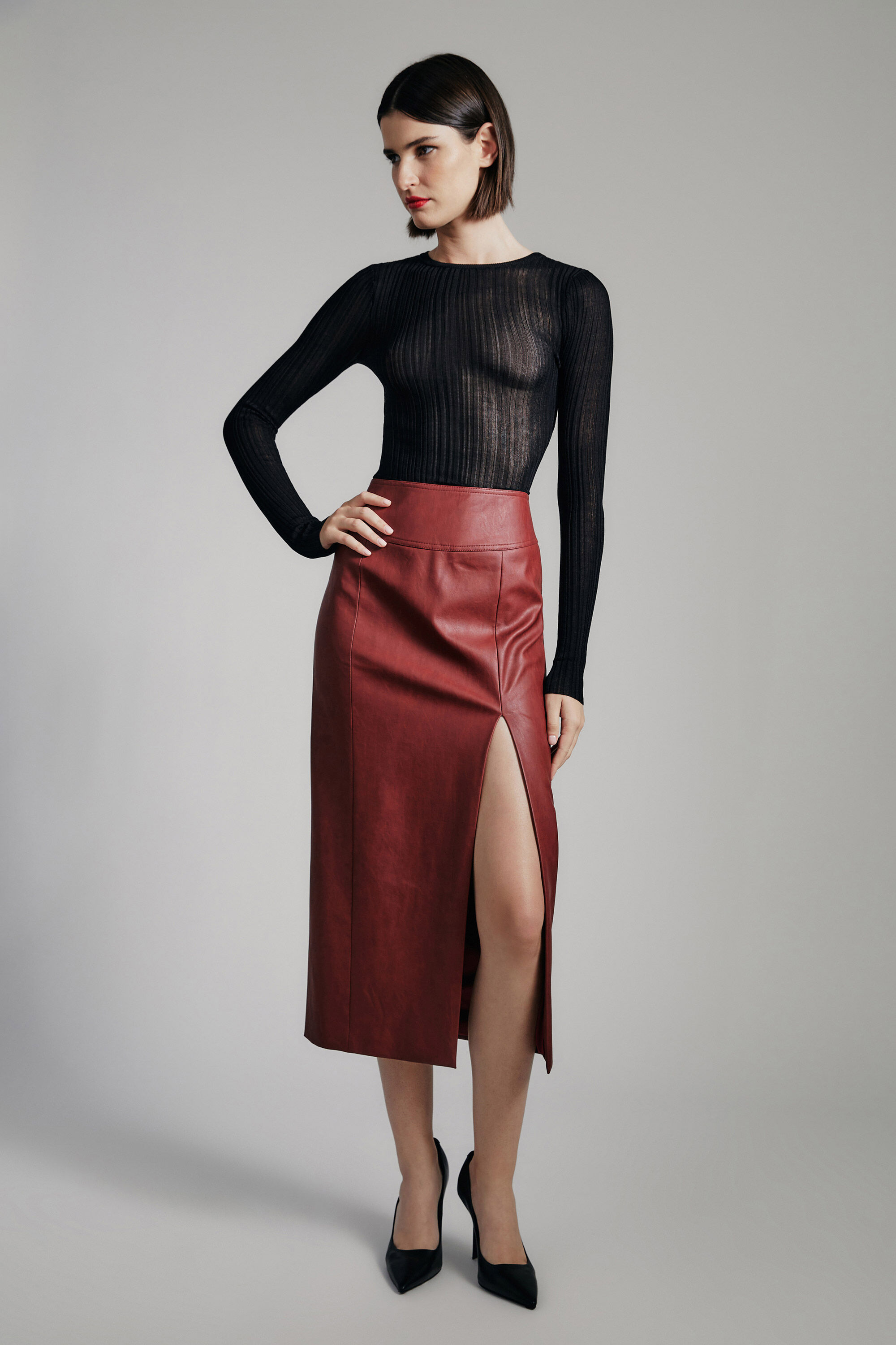 Red leather look midi skirt cheap