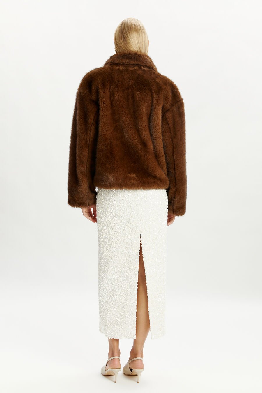 SYLVIE ZIP FAUX FUR JACKET in colour CHOCOLATE