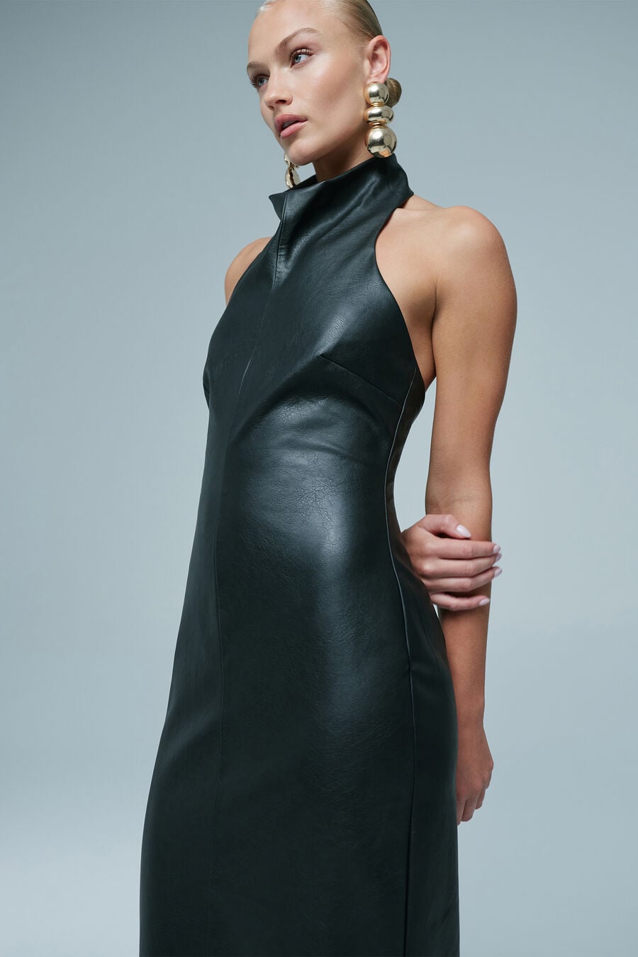 GINA VEGAN LEATHER MIDI DRESS in colour Black