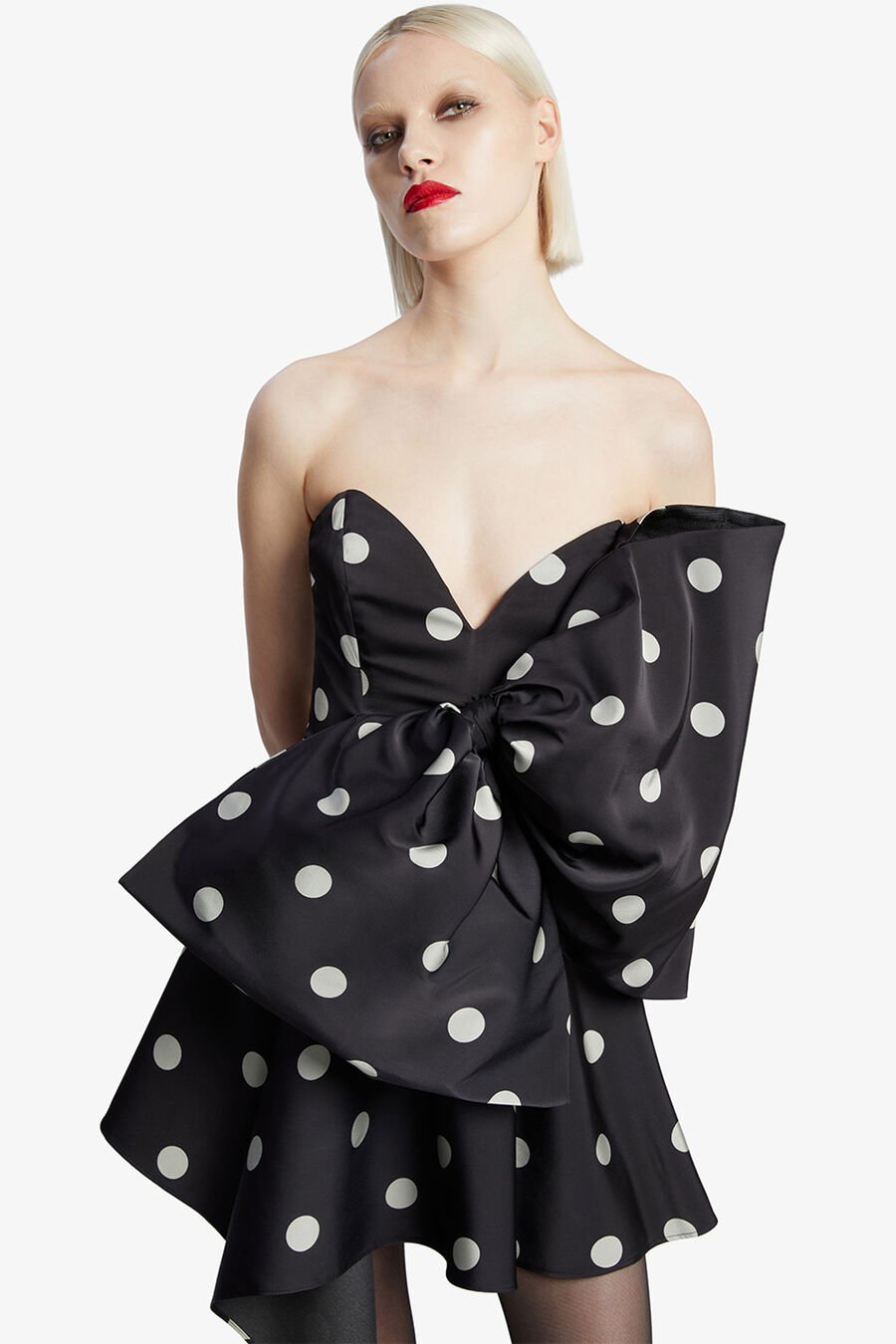 BRYDIE BOW MINI DRESS in colour BLACK SPOT