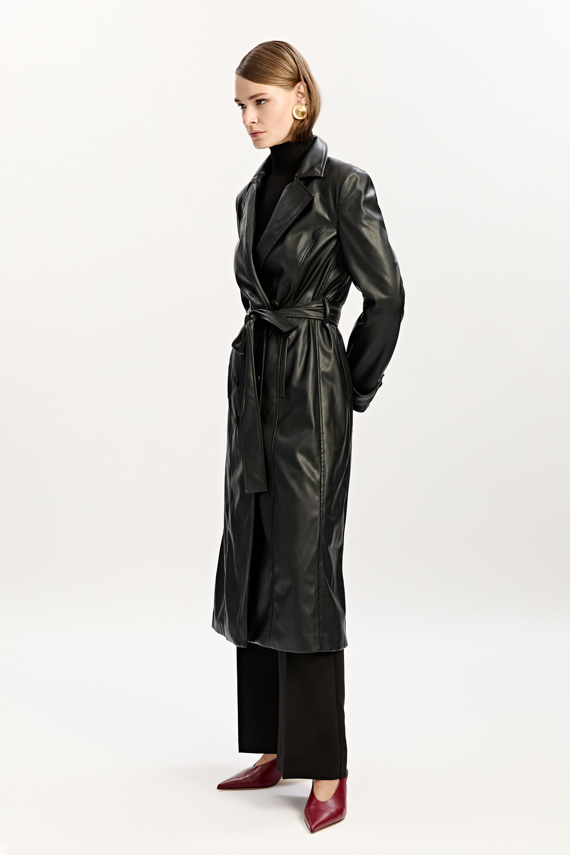 Vegan Leather Trench Coat In Black | Bardot