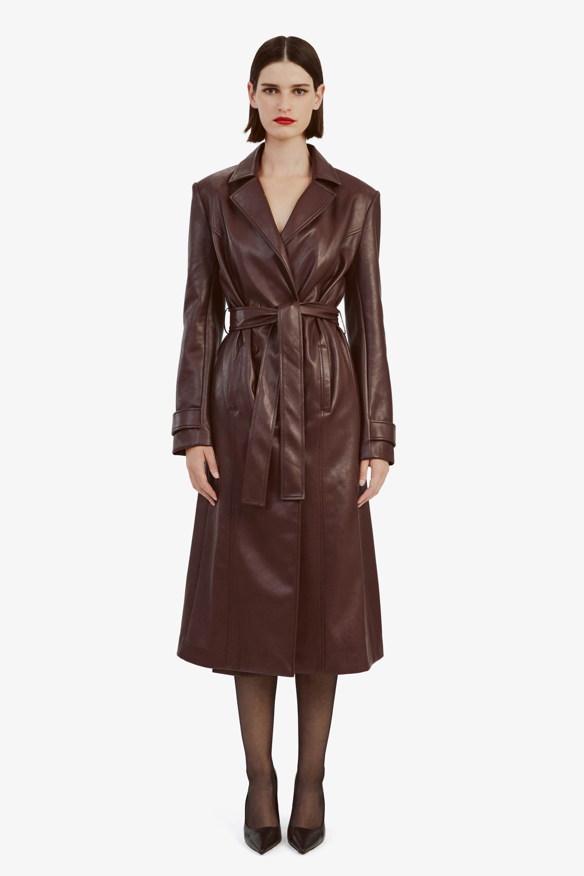 Vegan Leather Trench Coat In Deep Plum | Bardot