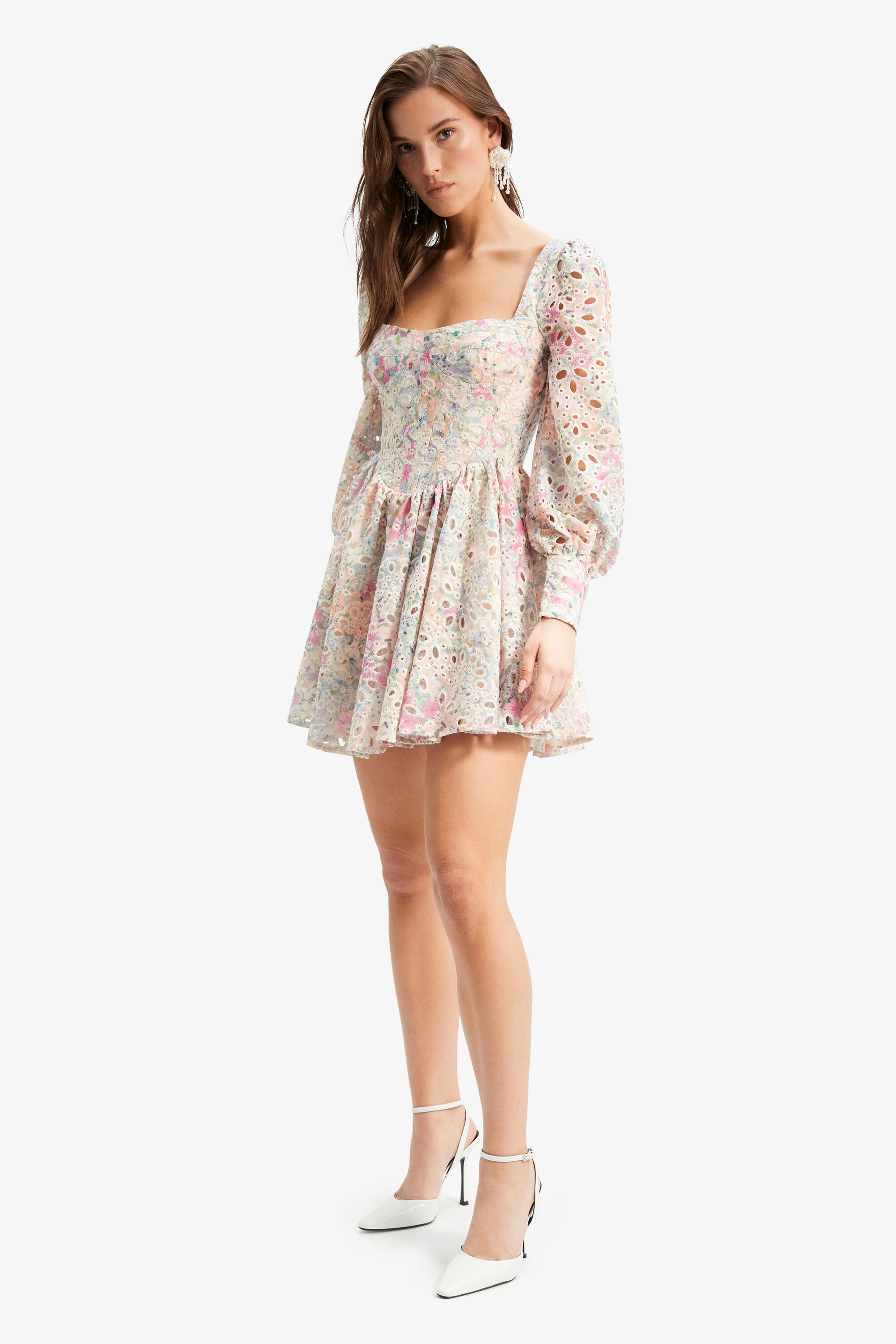 Lila Flounce Broderie Dress In Pastel Floral Bardot