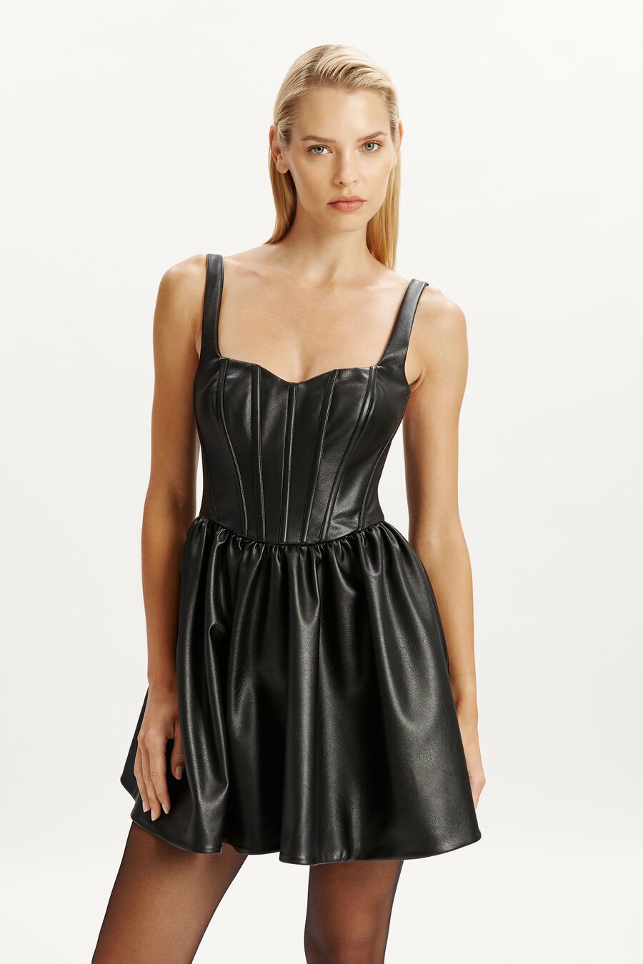 SAVOY VEGAN LEATHER MINI DRESS in colour BLACK
