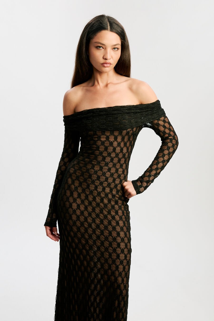ADONI OFF SHOULDER MAXI DRESS in colour BLACK