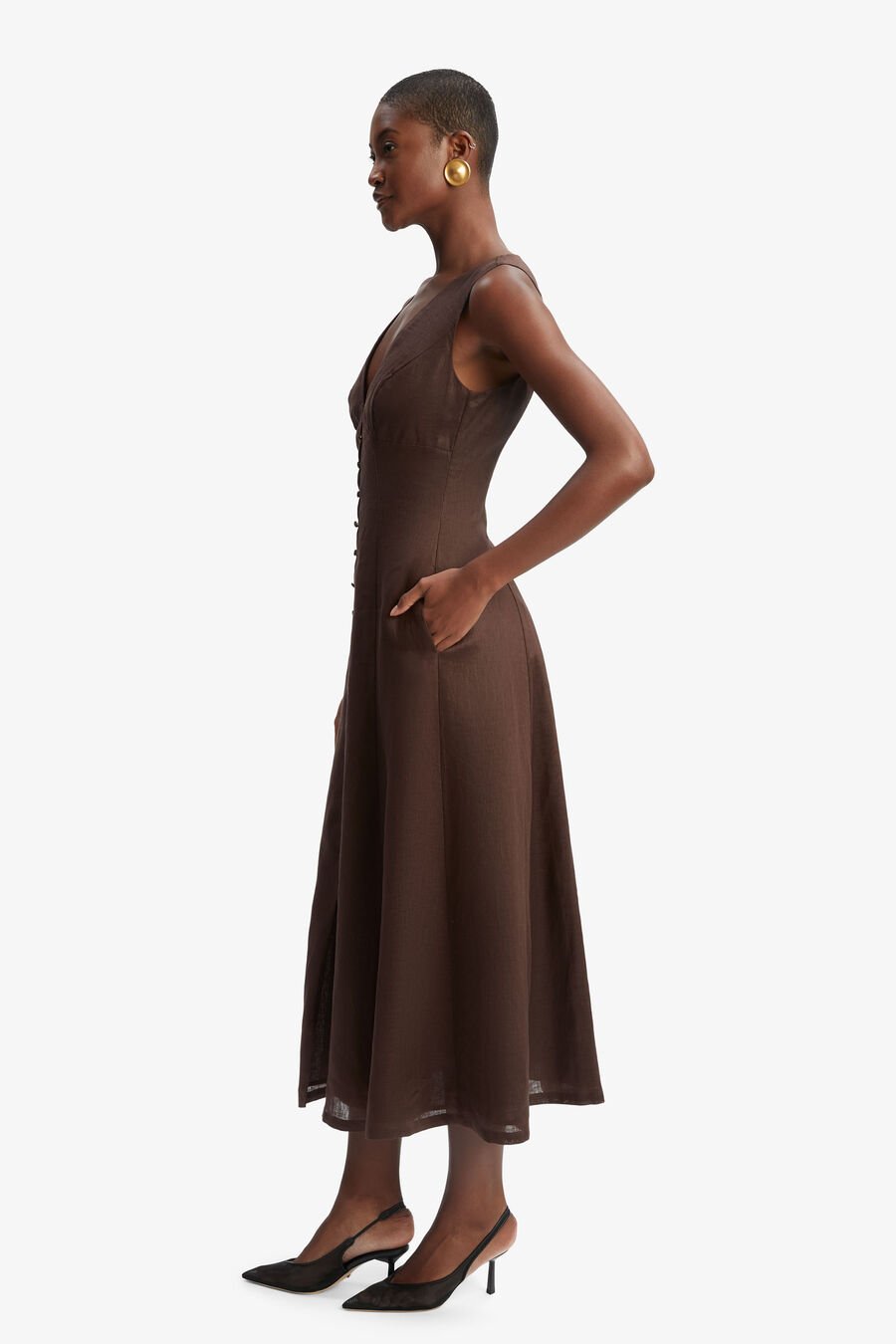 CORDELIA LINEN MIDI DRESS in colour CHOCOLATE