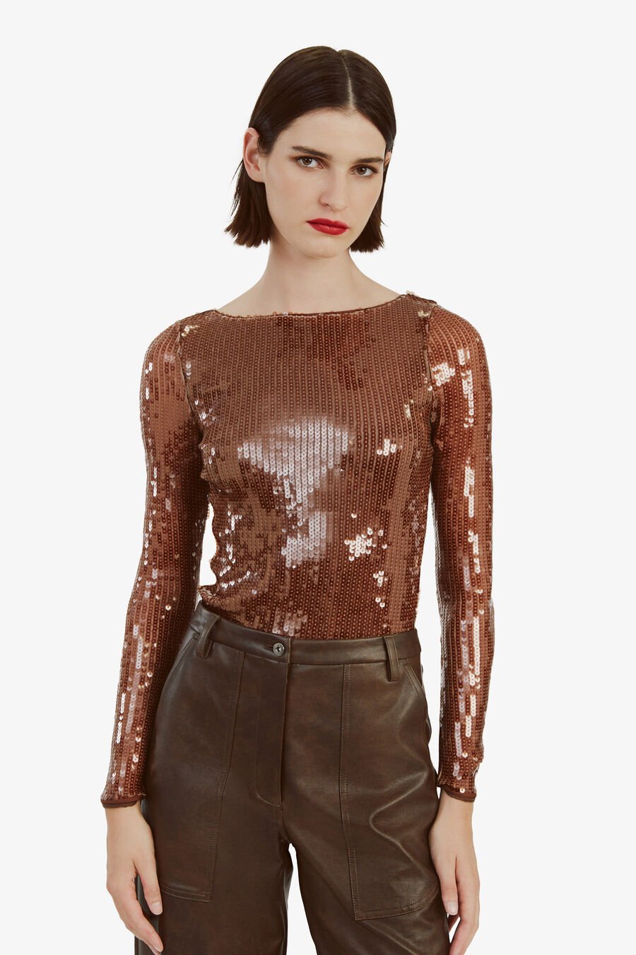 BRENNA SEQUIN BODYSUIT in colour CHOCOLATE