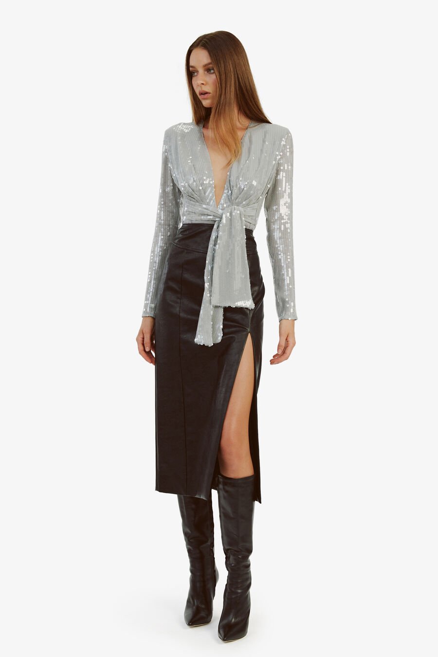 EMELIA SEQUIN WRAP BODYSUIT in colour DOVEGREY
