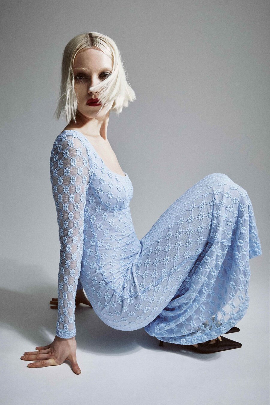 ADONI LACE MIDI DRESS in colour CORNFLOWER