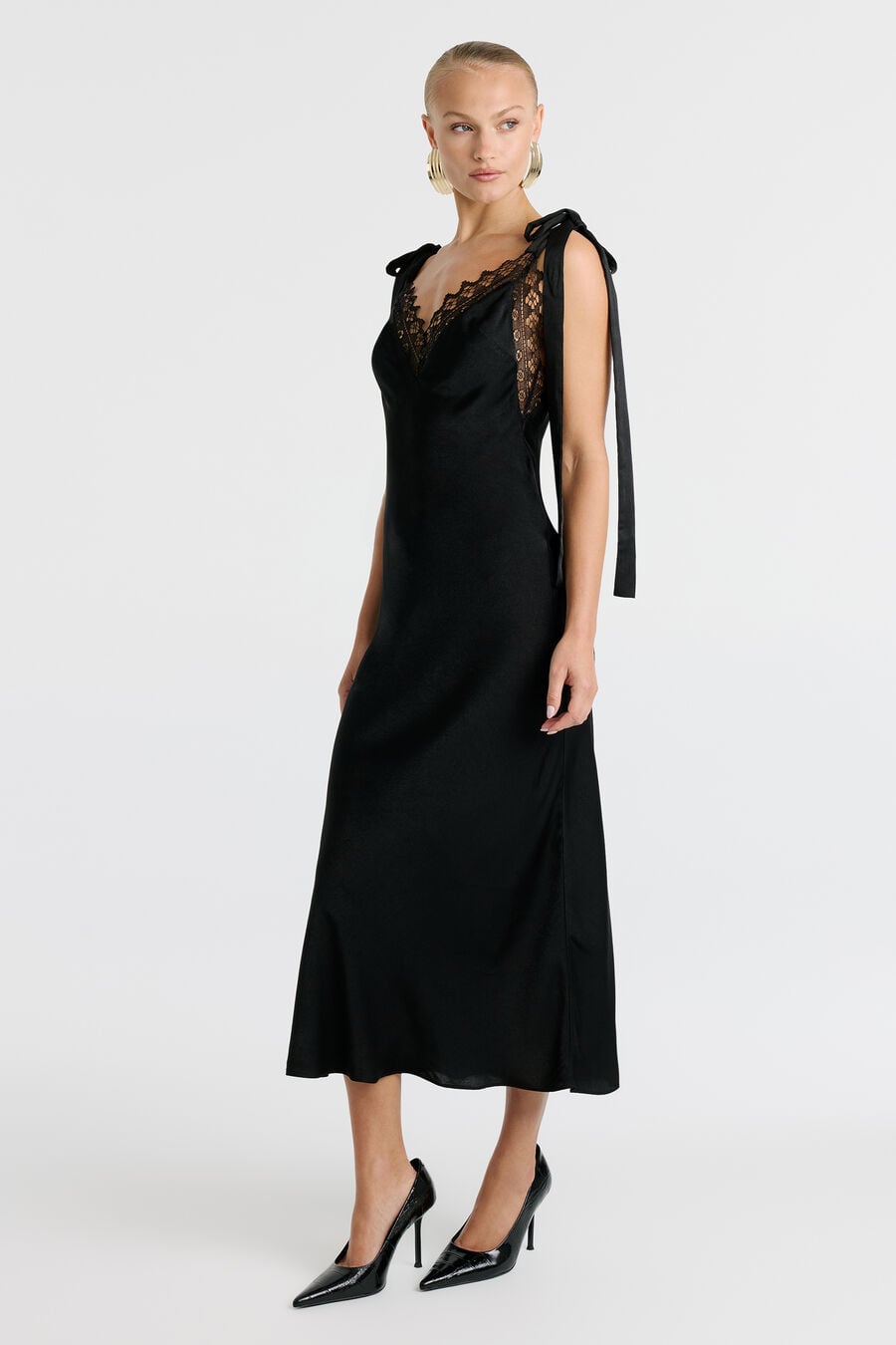 LYDIA TIE STRAP MIDI DRESS in colour Black