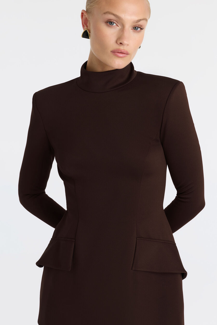 LIZET LONG SLEEVE MINI DRESS in colour Dark Chocolate