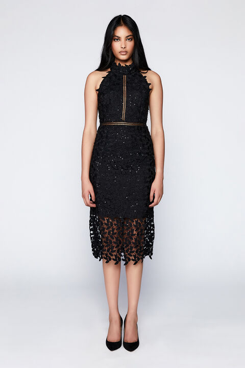 SEQUIN LEAF LACE DRESS in colour CAVIAR