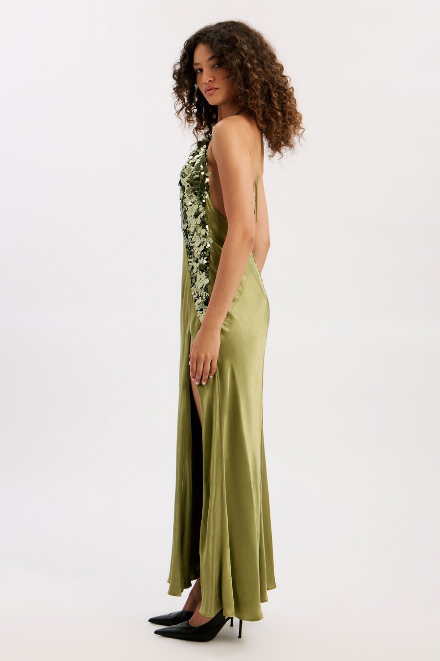 Yve Sequin Satin Halter Dress