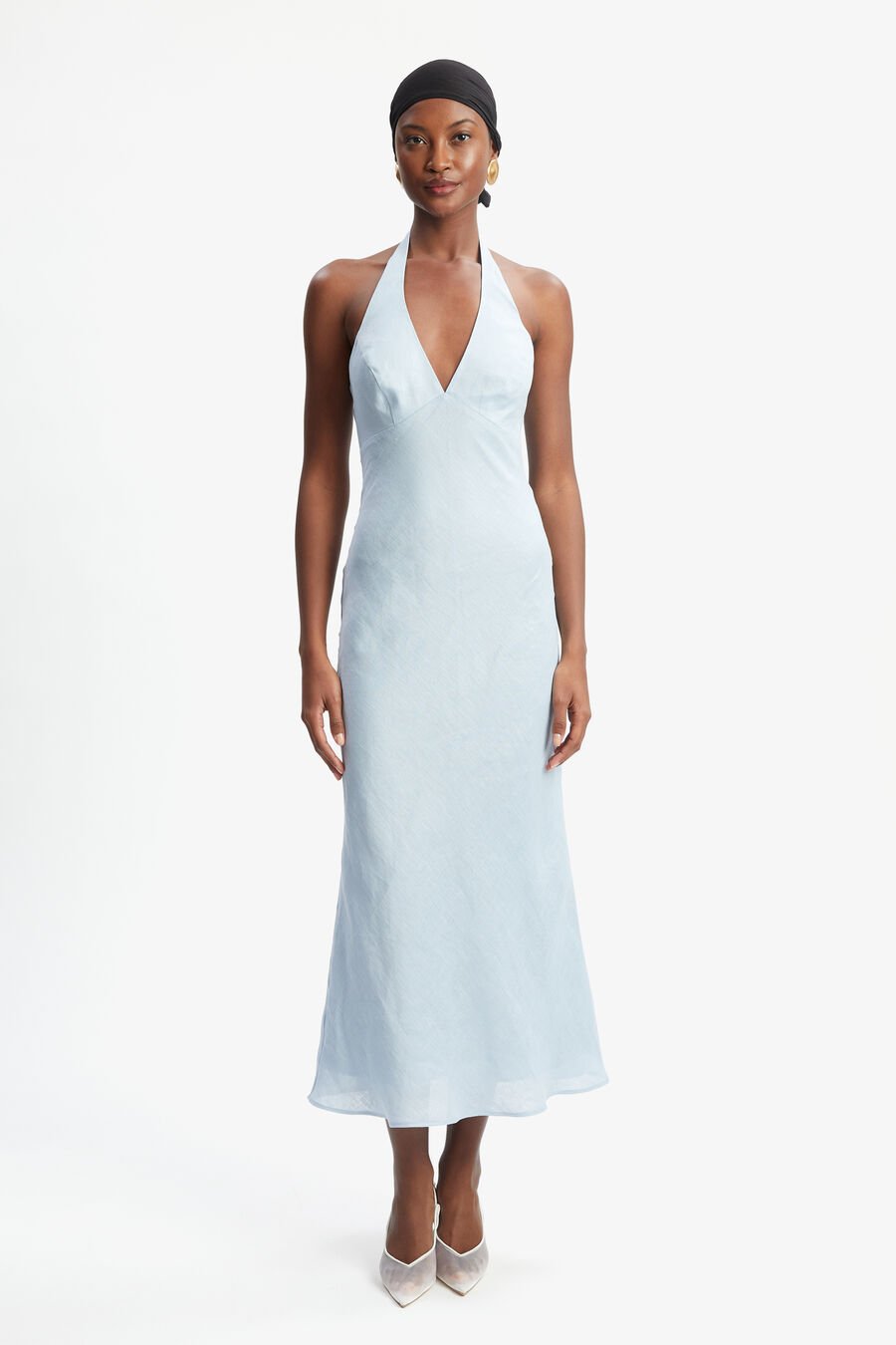 PAOLA HALTER LINEN MIDI DRESS in colour SOFT BLUE