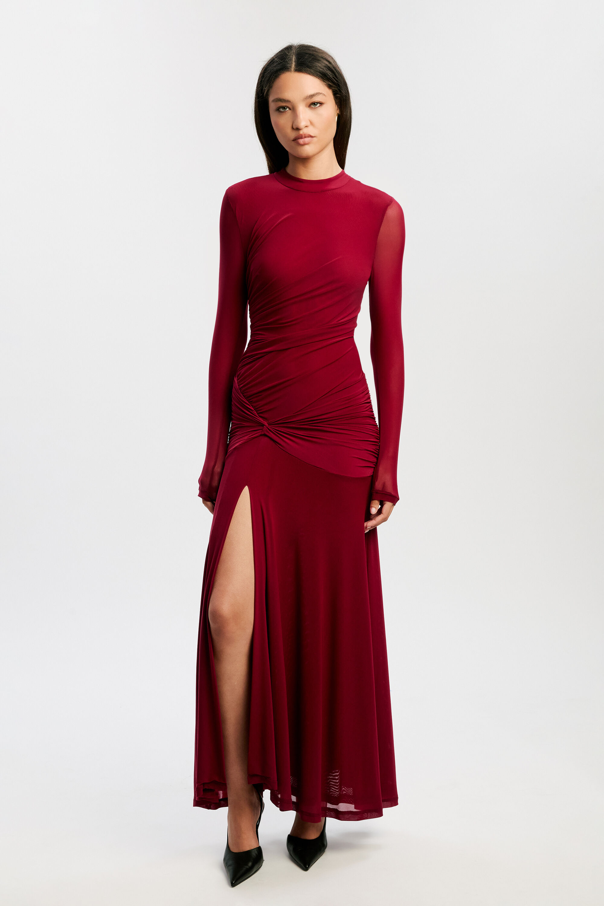 Liyana Ruched Mesh Dress In Berry | Bardot