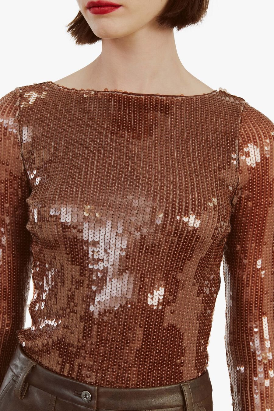 BRENNA SEQUIN BODYSUIT in colour CHOCOLATE