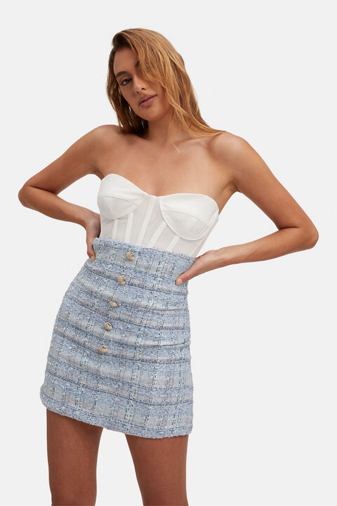 BOUCLE HIGH WAIST SKIRT in colour CERULEAN