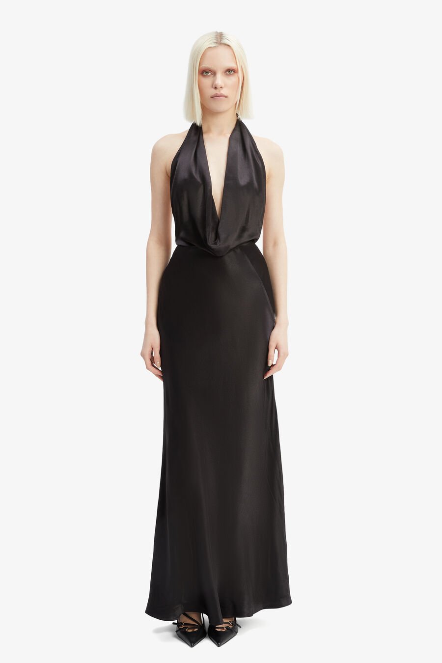 NOLA SATIN COWL MAXI DRESS in colour BLACK