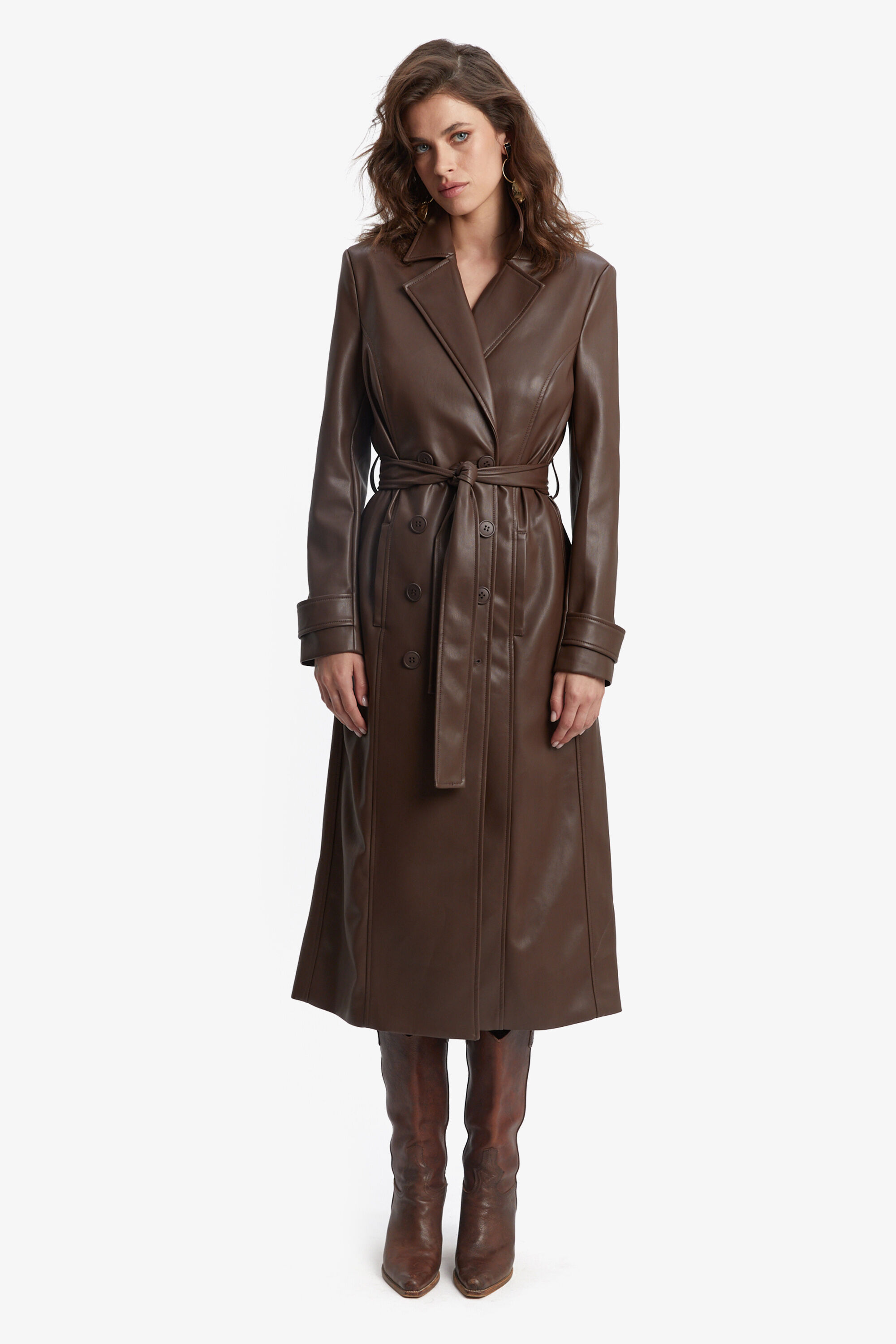 Vegan Leather Trench Coat In Chocolate Bardot