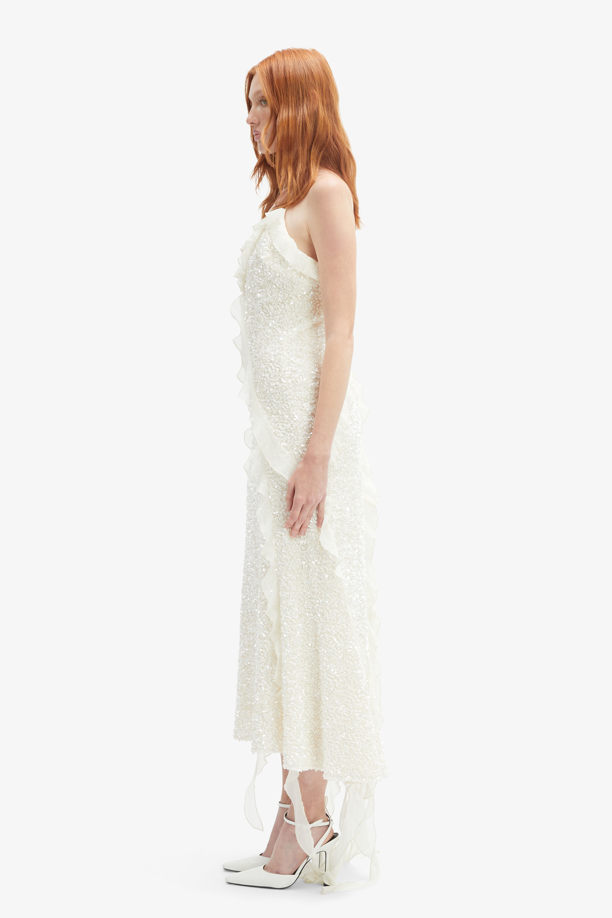 Marsella Ruffle Midi Dress In Ivory | Bardot